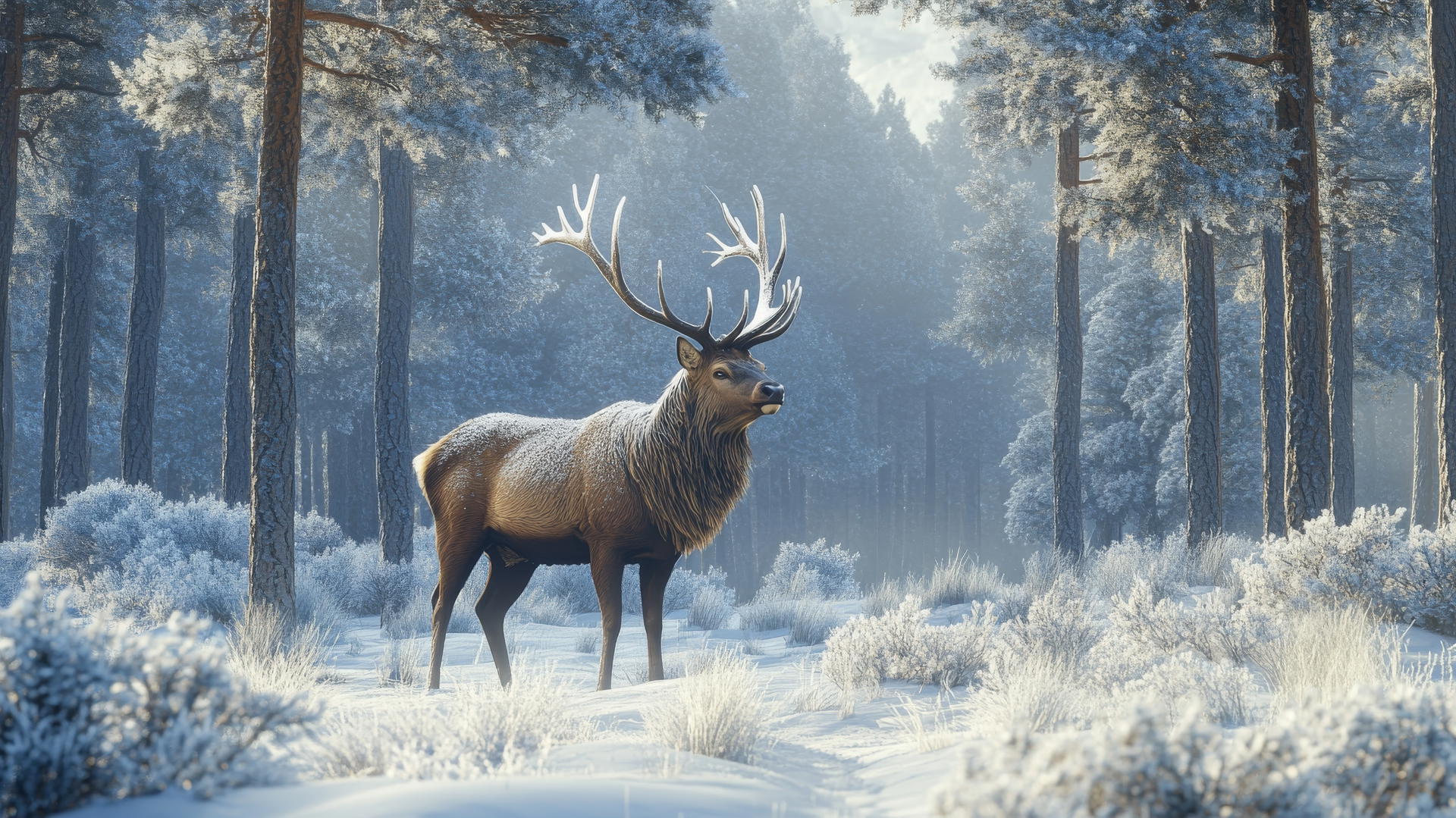 A majestic stag in a frosty forest gazing into the distance - beautiful winter wallpaper.