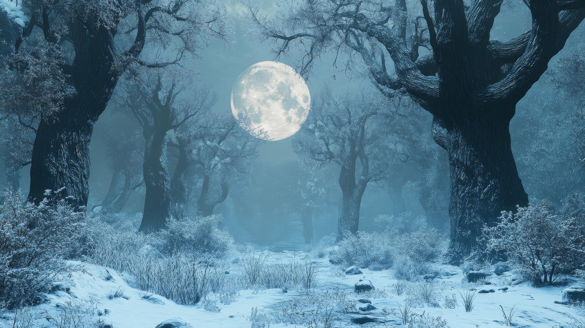 winter background wallpaper, mystical forest with frosty ancient trees glowing under a full moon