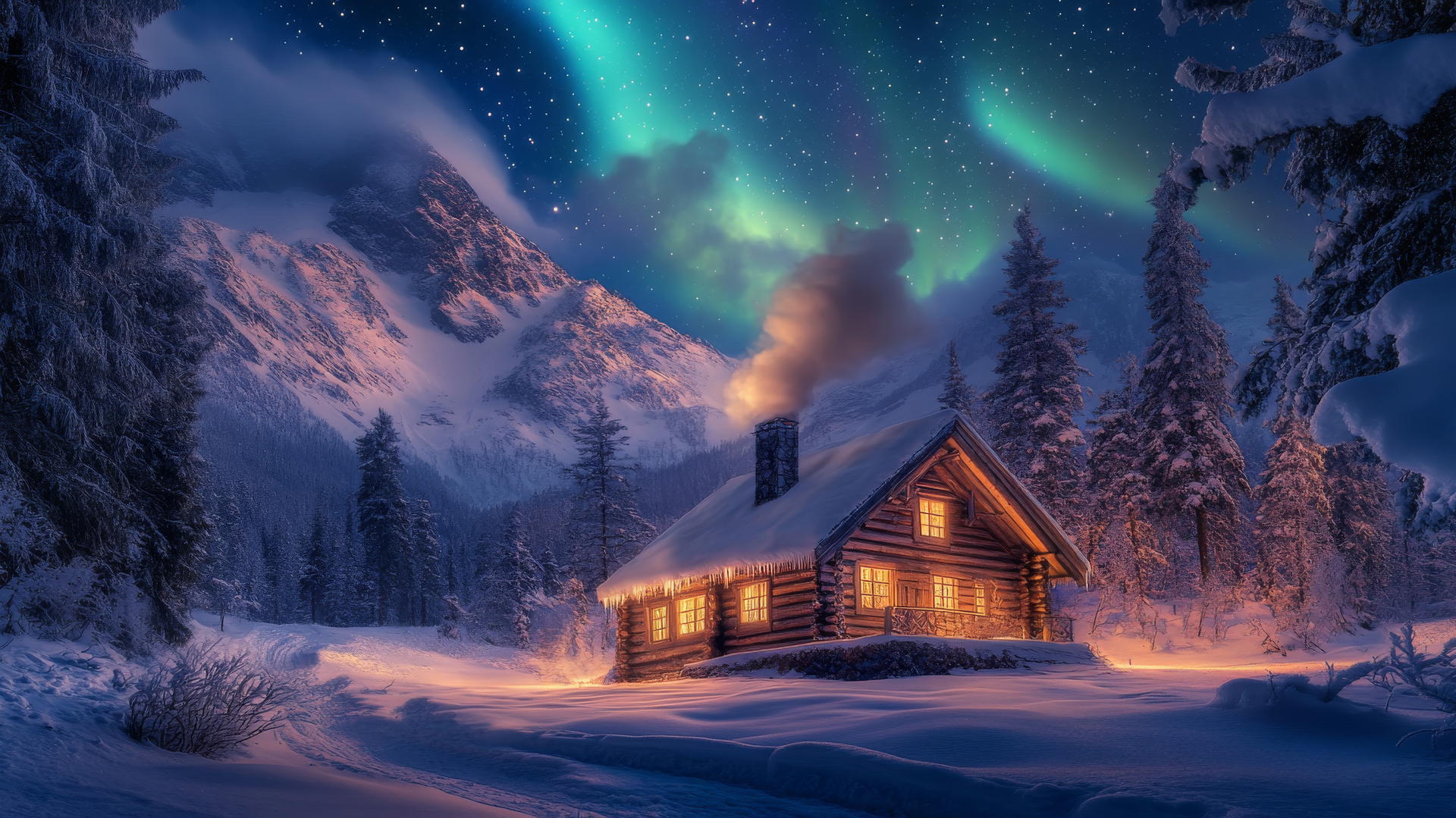 winter background wallpaper with snow-covered mountain cabin, smoke, pine trees, and northern lights
