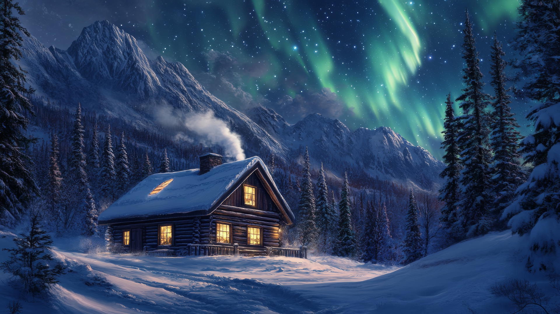 winter background wallpaper with a snow-covered mountain cabin, smoke from chimney, pine trees, and northern lights