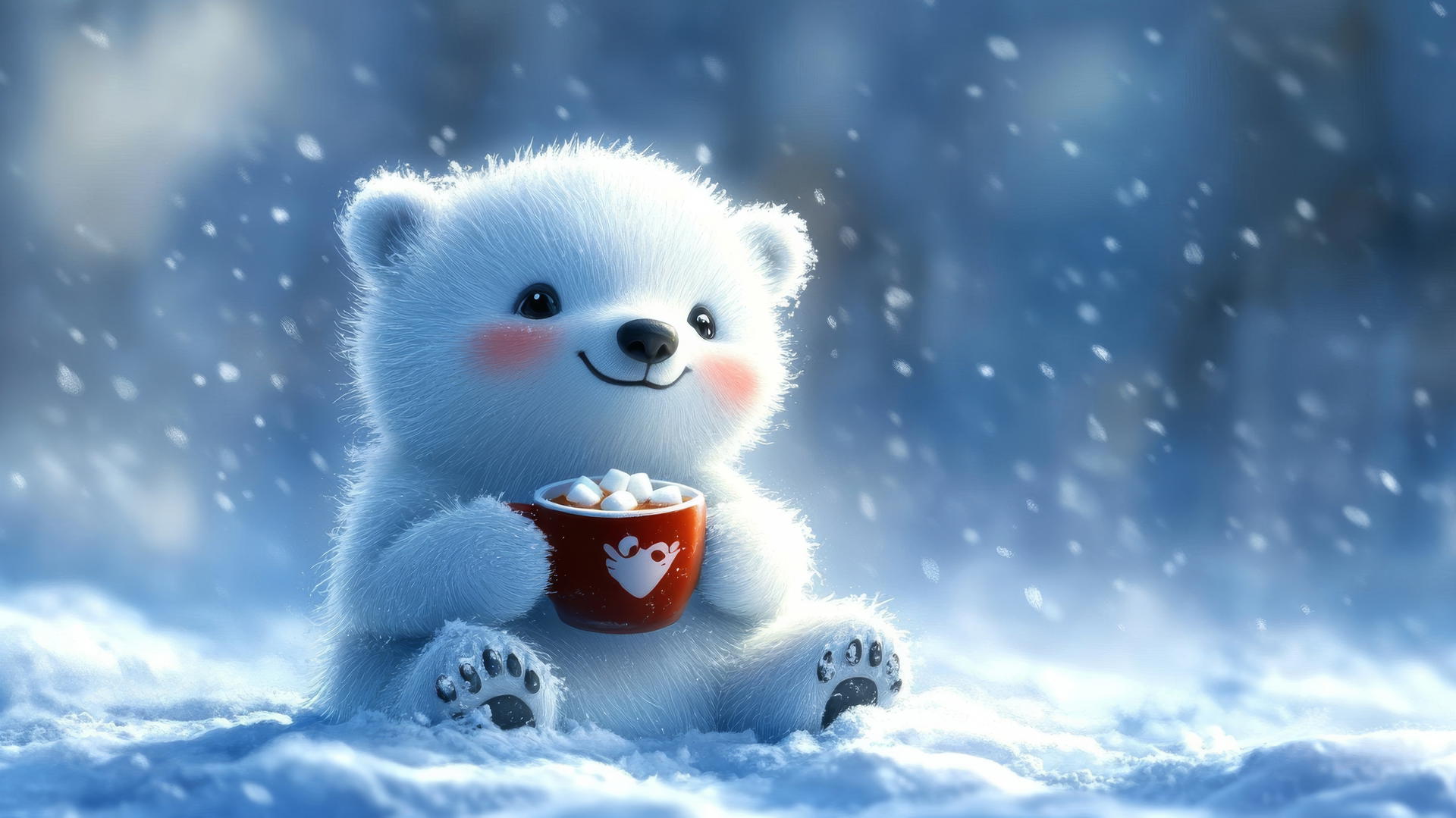 cute winter wallpaper of a chubby polar bear cub with hot cocoa