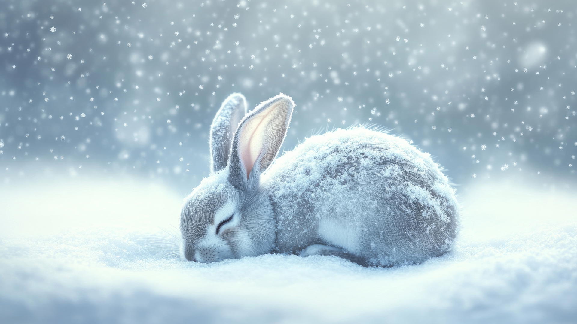 cute winter wallpaper with a sleepy bunny curled up in the snow