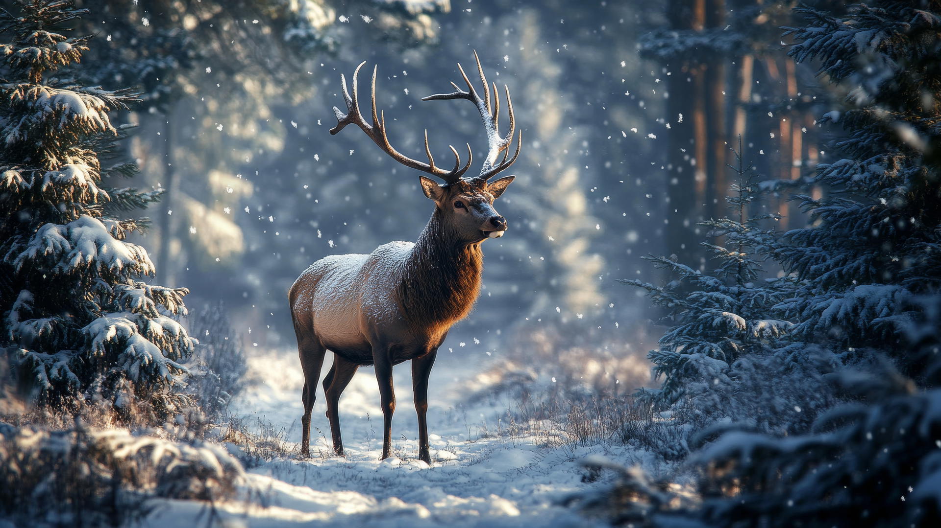 majestic stag in snowy forest, antlers frosted, surrounded by tall pine trees, gazing, beautiful winter wallpaper