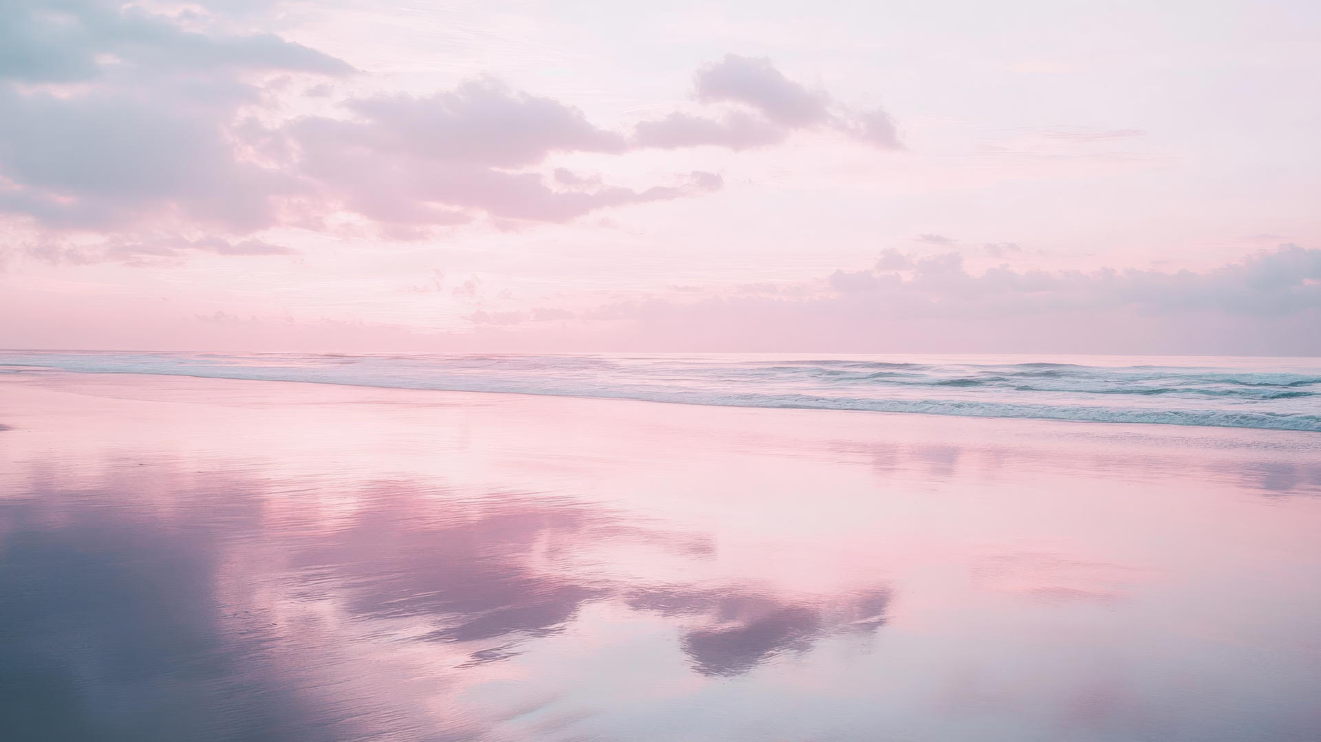 Dreamy beach aesthetic wallpaper with pastel pink and lavender skies reflecting on calm water.