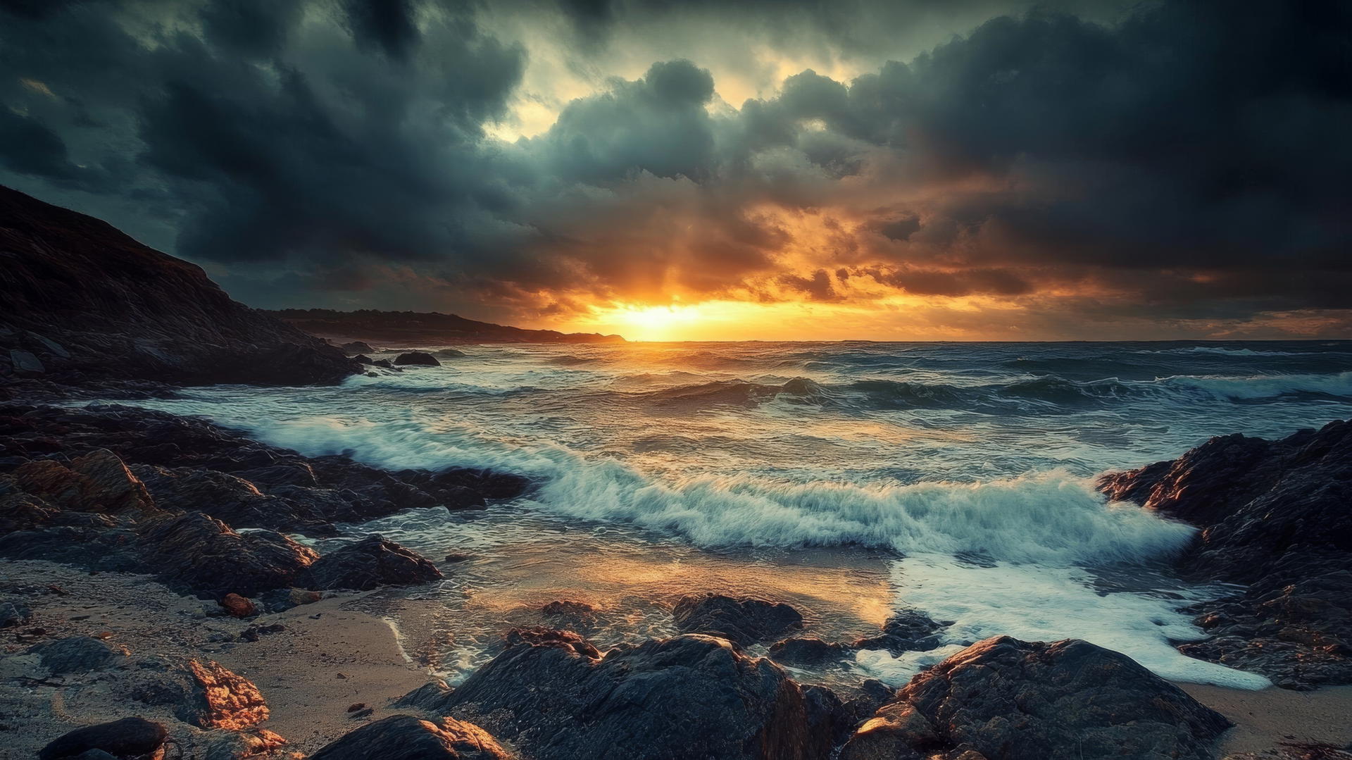 Moody beach sunset wallpaper with dramatic storm clouds and crashing waves.