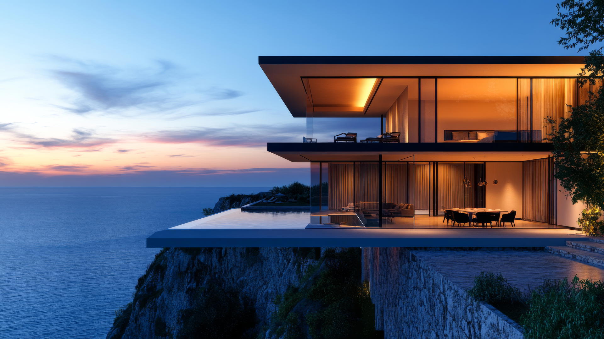 Luxurious modern beach house wallpaper with glass walls, sunset view, and private pool.