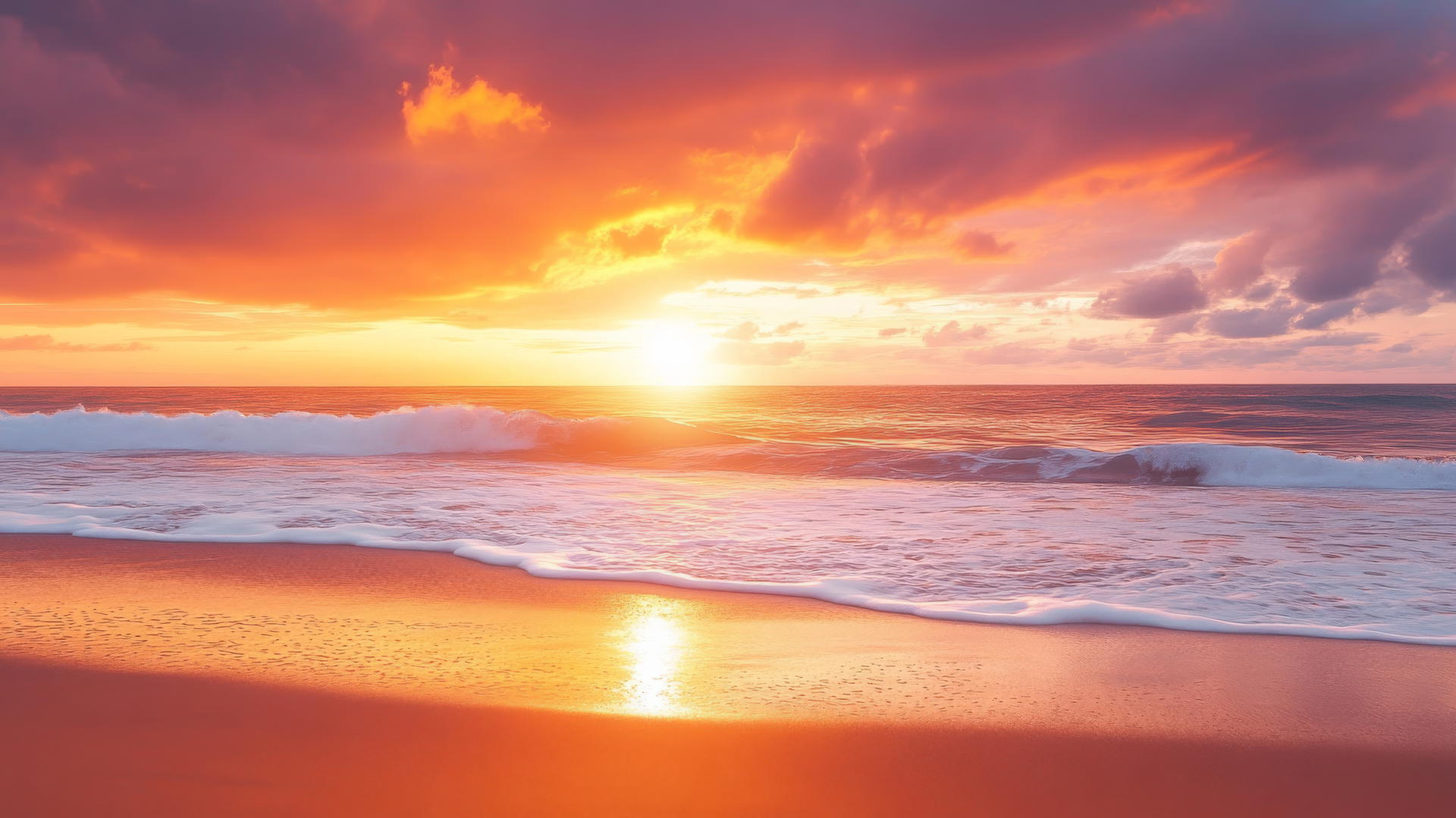 Sunset background beach wallpaper with orange and pink sky, sun setting over waves on sandy shore