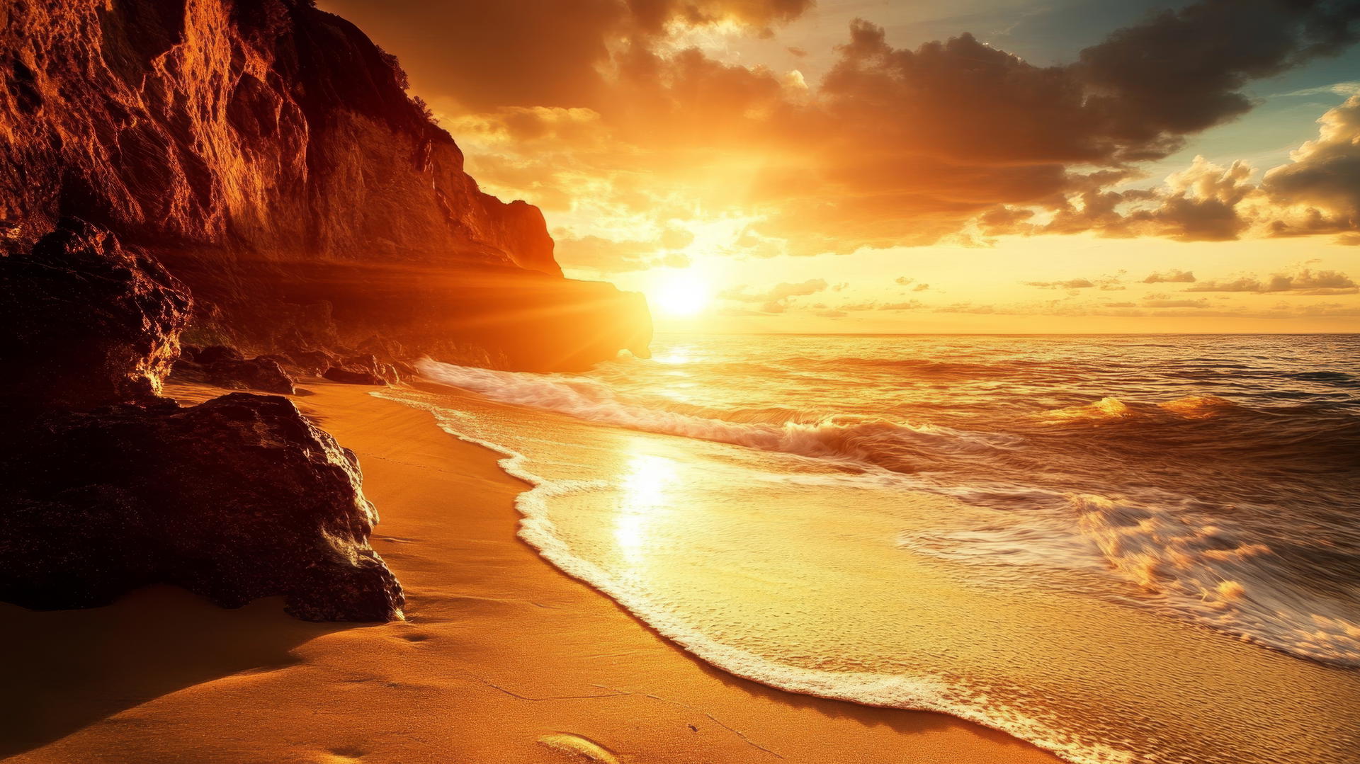 sunset background beach wallpaper with golden sunset over rocky beach and cliffs