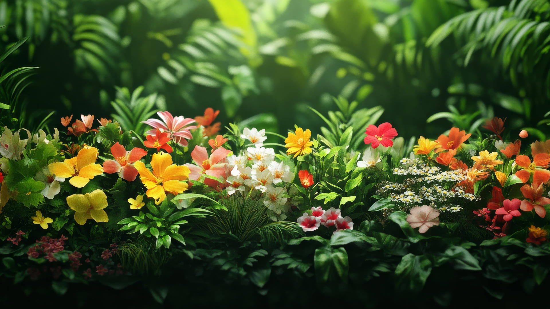 vibrant garden of mixed flowers and greenery, spring wallpaper