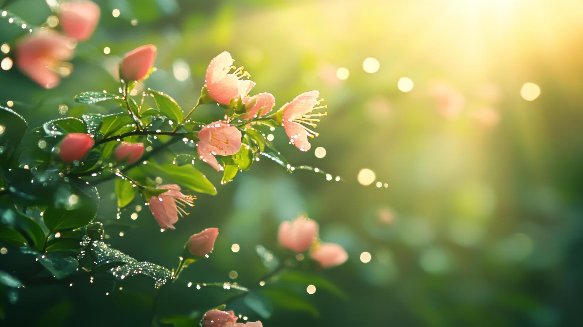spring wallpaper with misty morning, dew-covered flowers, and soft sunlight