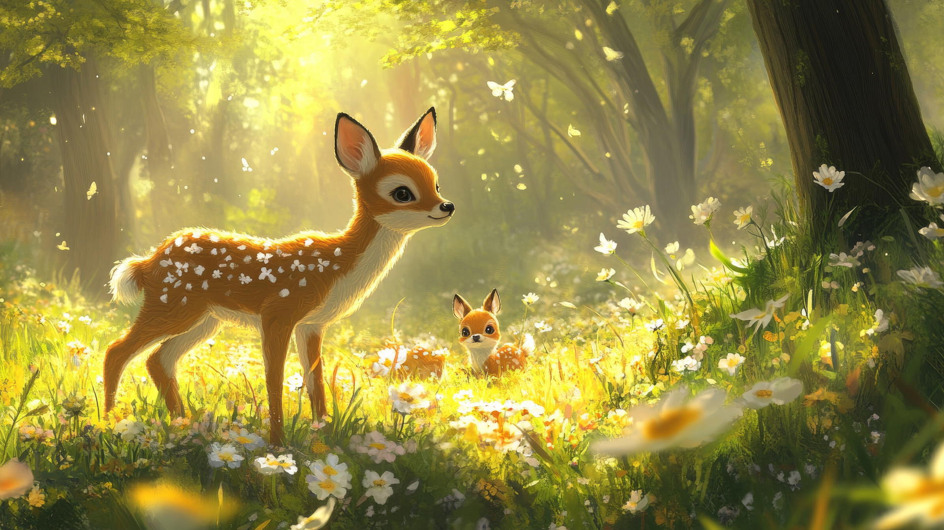 cute spring wallpaper with baby animals in a blooming meadow