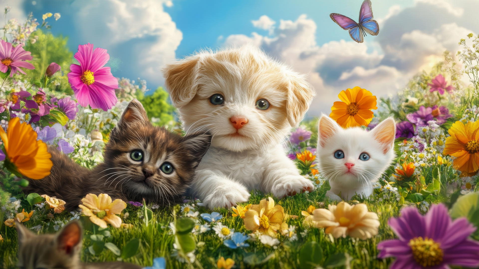 cute spring wallpaper with cartoon puppies and kittens playing in a flower-filled meadow