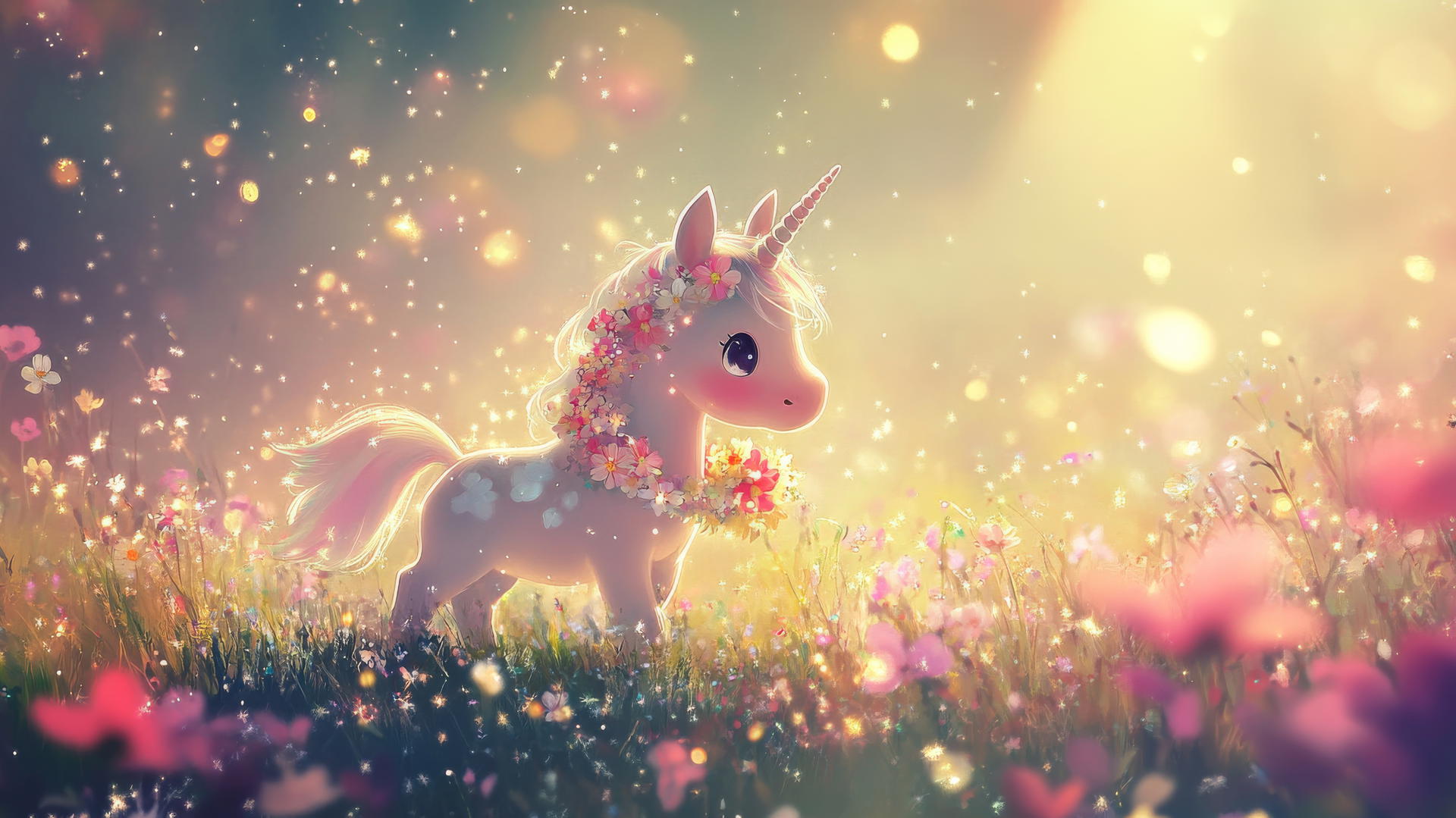 cute spring wallpaper with a tiny unicorn wearing a flower garland in a sparkling field