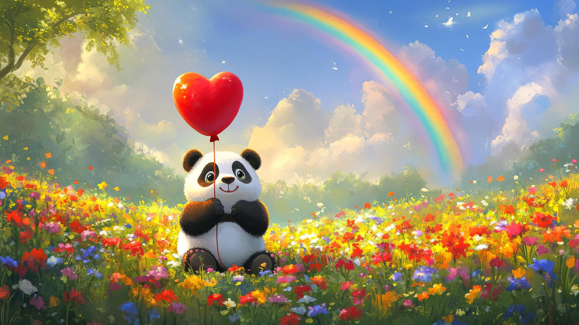 cute spring wallpaper with a chubby panda holding heart-shaped balloon in flowers under a rainbow