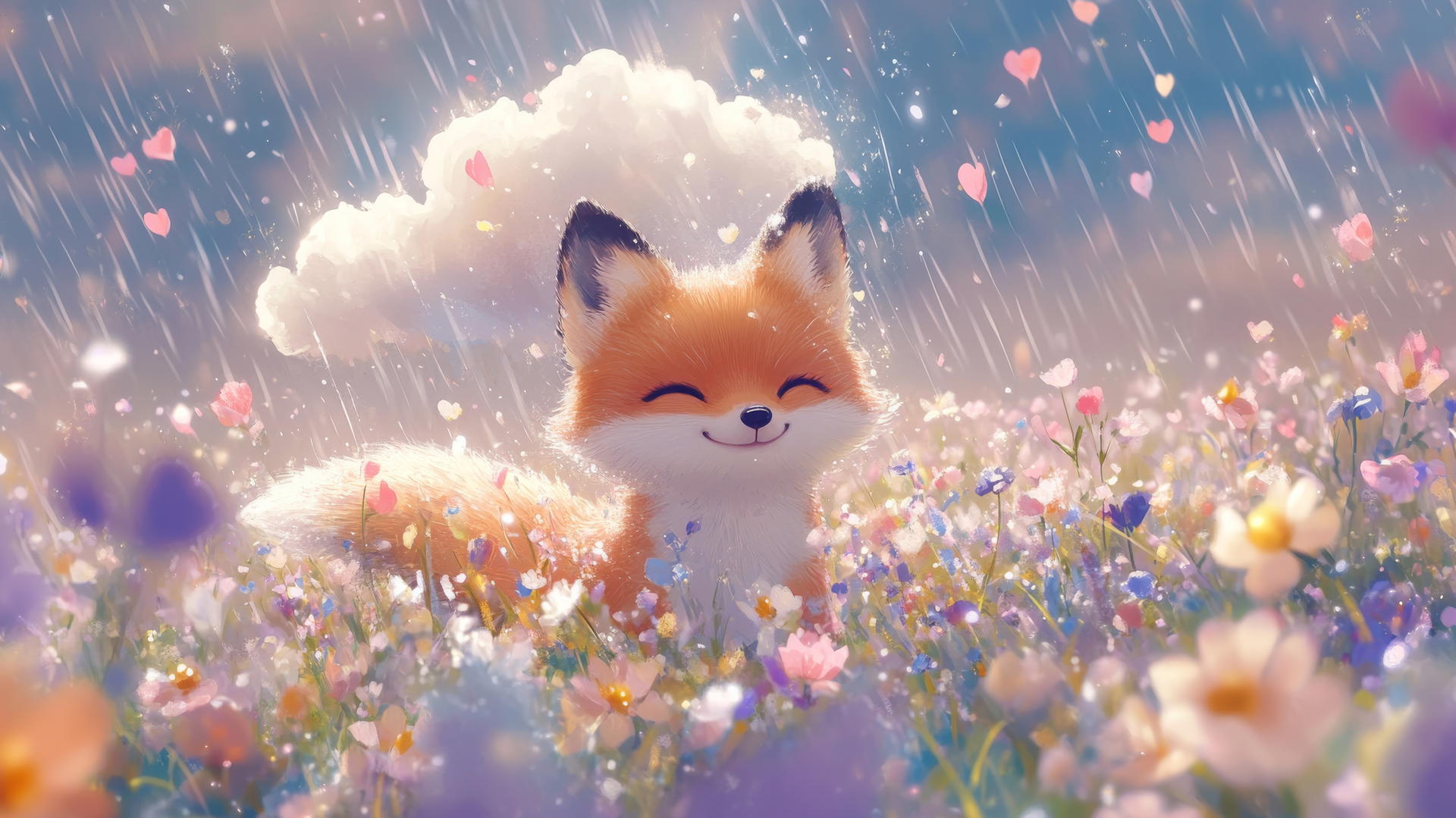cute spring wallpaper with fluffy cloud raining colorful flowers over a smiling baby fox