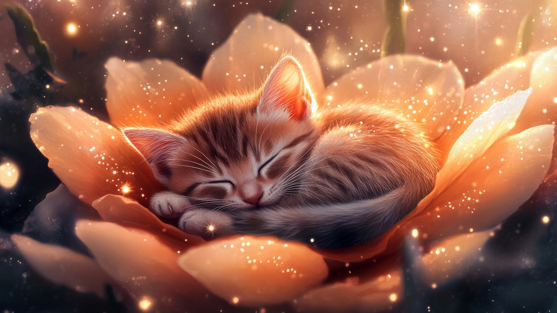 cute spring wallpaper with sleepy kitten in a giant flower, stars, and pastel lights