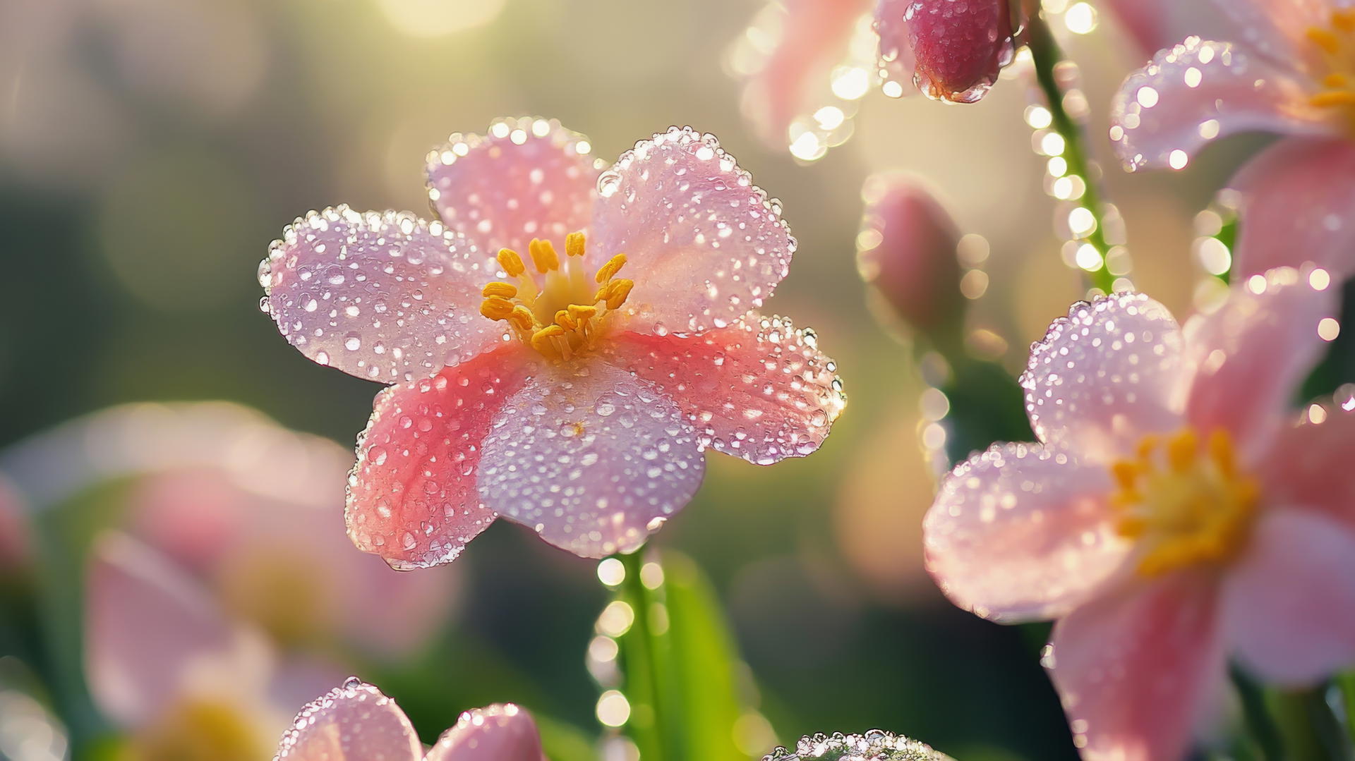 spring flowers wallpaper with dewy petals in the morning light