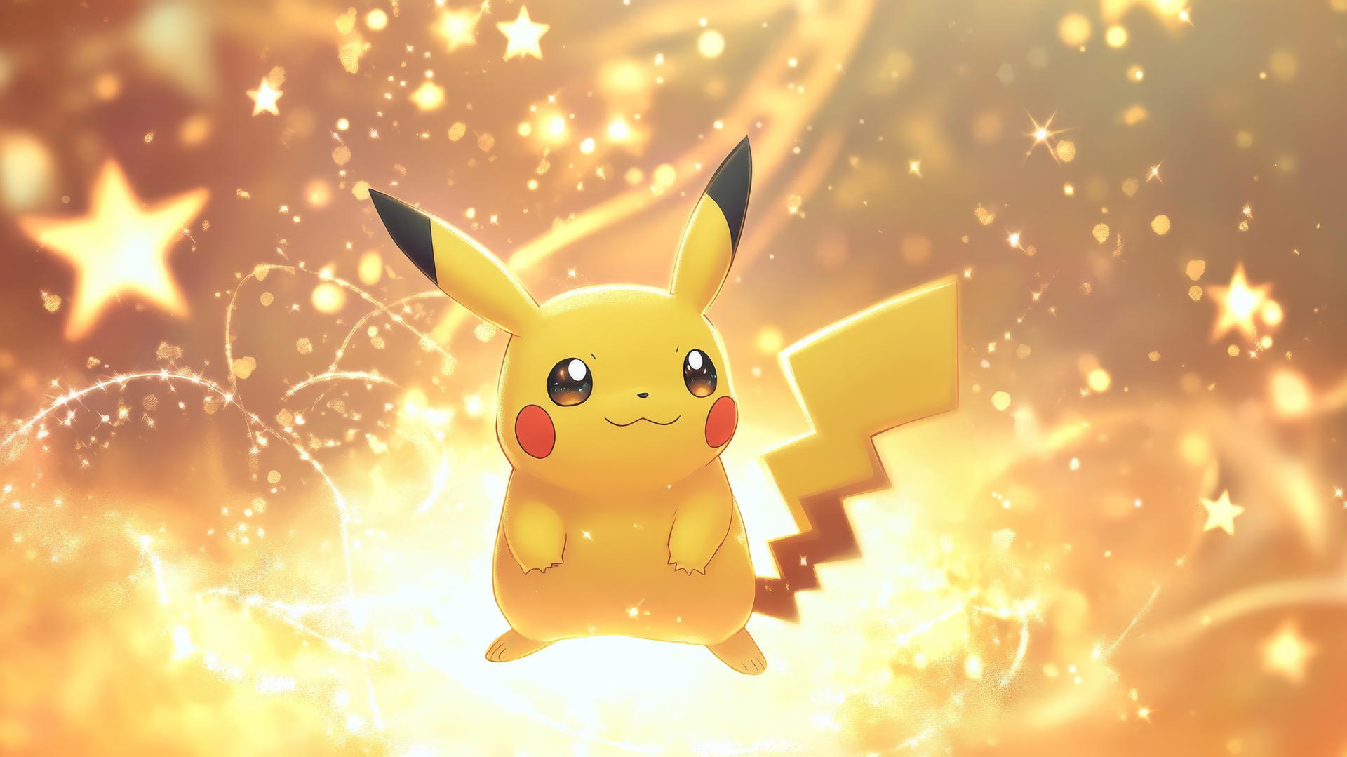 Pikachu as a celestial being floating among glowing clouds with golden stars