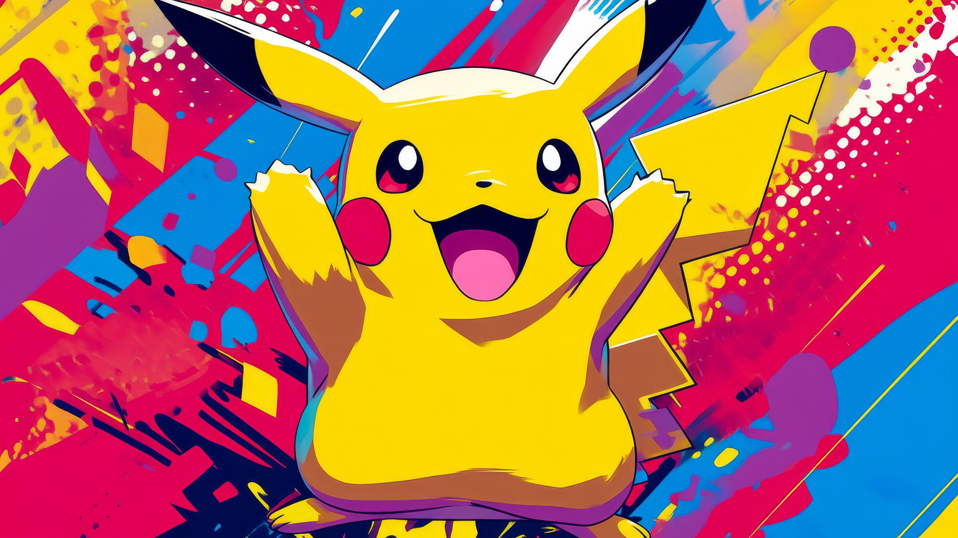 Pikachu in pop-art style with bold colors and comic-style text bubbles