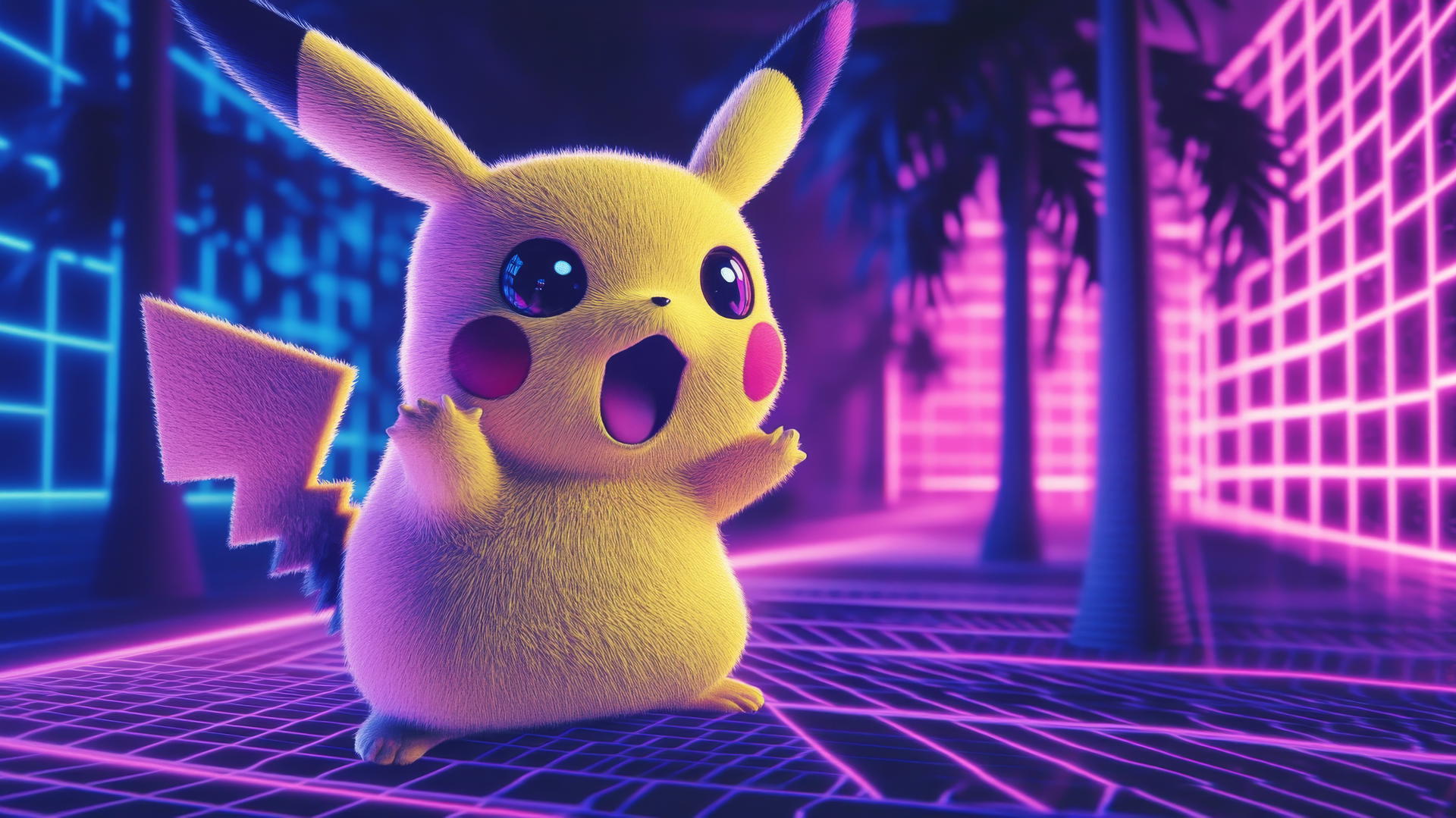 Surprised Pikachu in a retro 80s-style vaporwave aesthetic