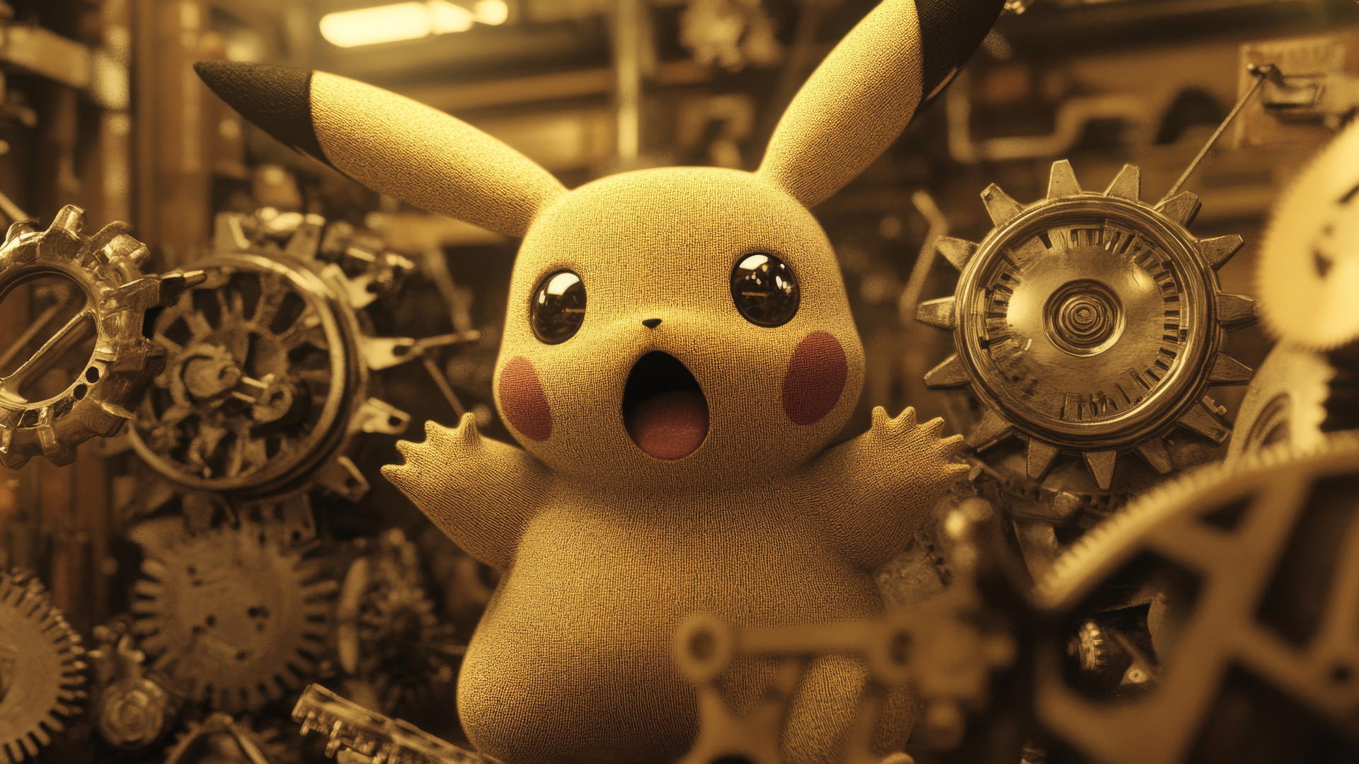 Surprised Pikachu in a steampunk world with mechanical gears and gadgets