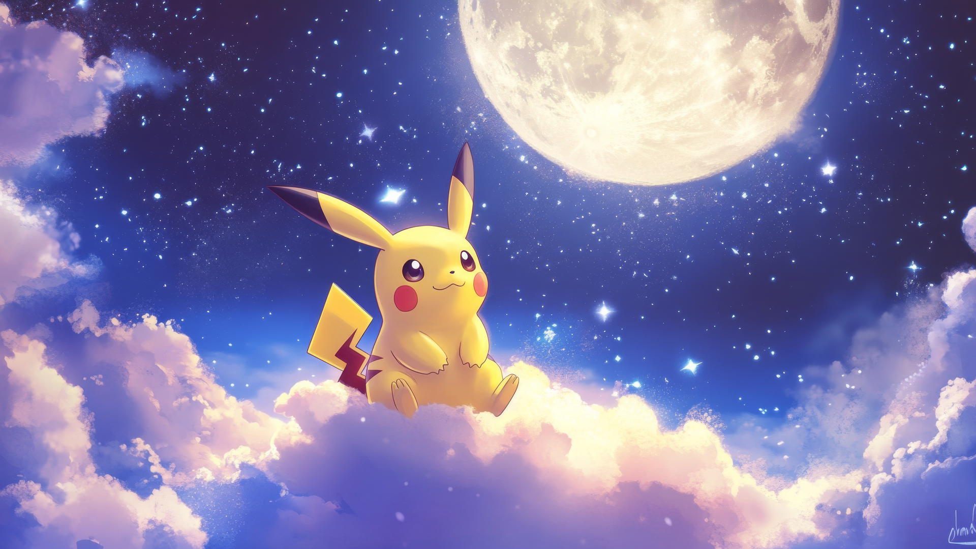 Pikachu riding a cloud through a magical, glowing night sky