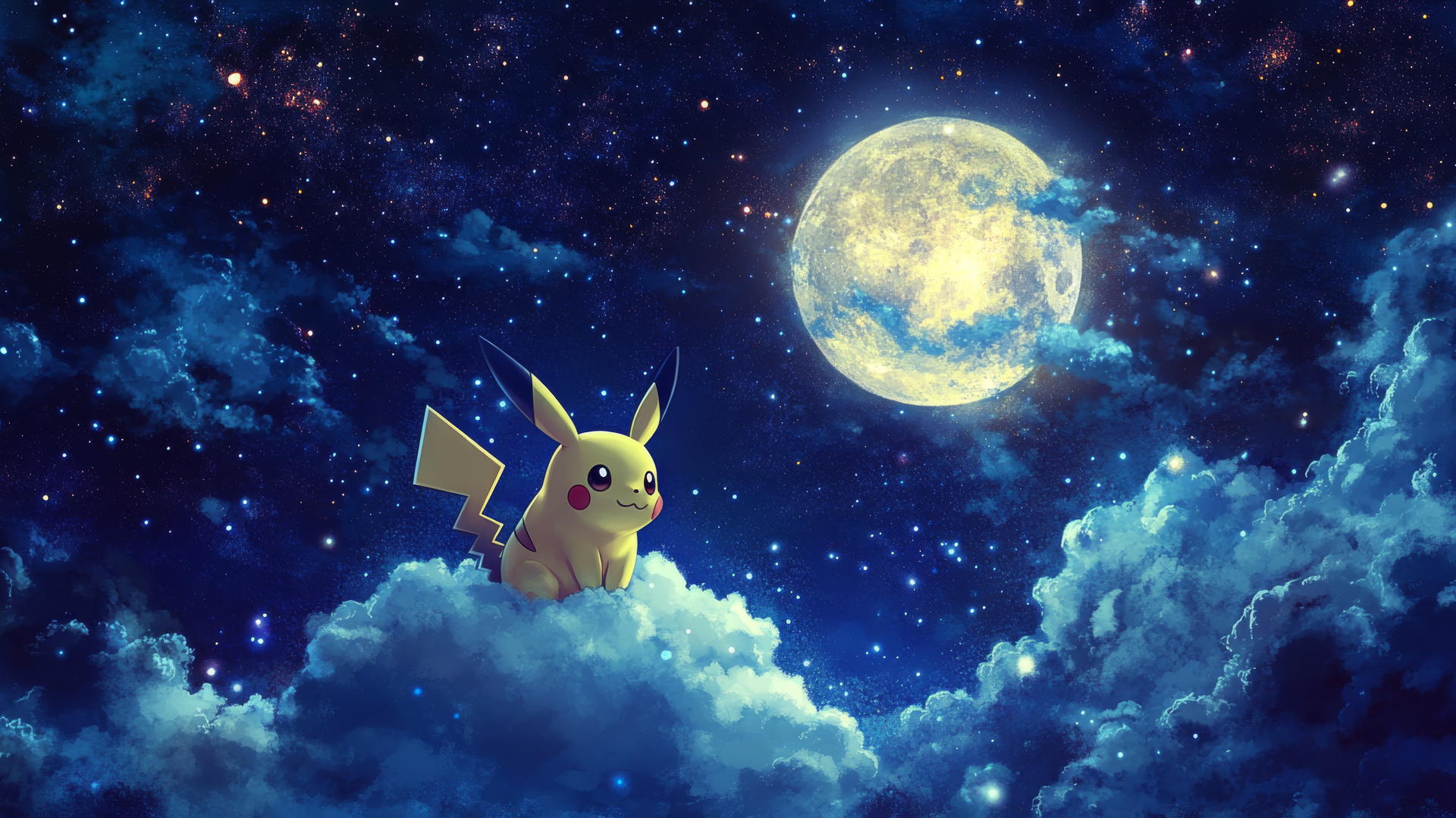 Pikachu riding a cloud through a magical night sky with stars and a full moon.