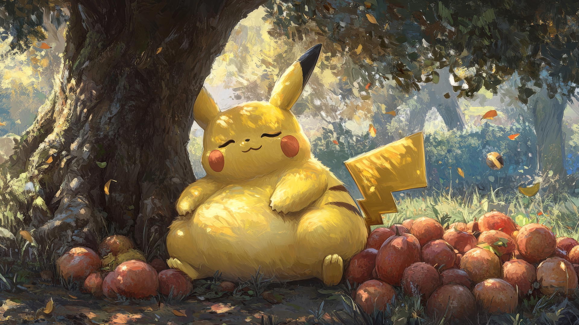 Fat Pikachu sitting under a tree with piles of fruit