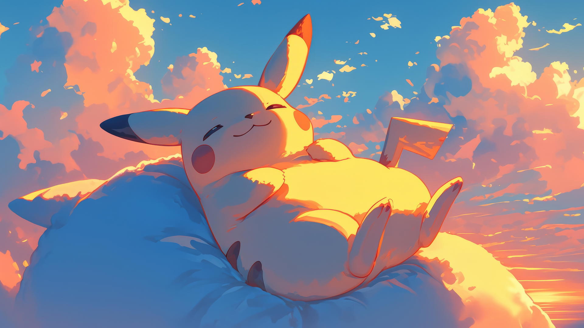 Fat Pikachu lounging on a cloud at sunset