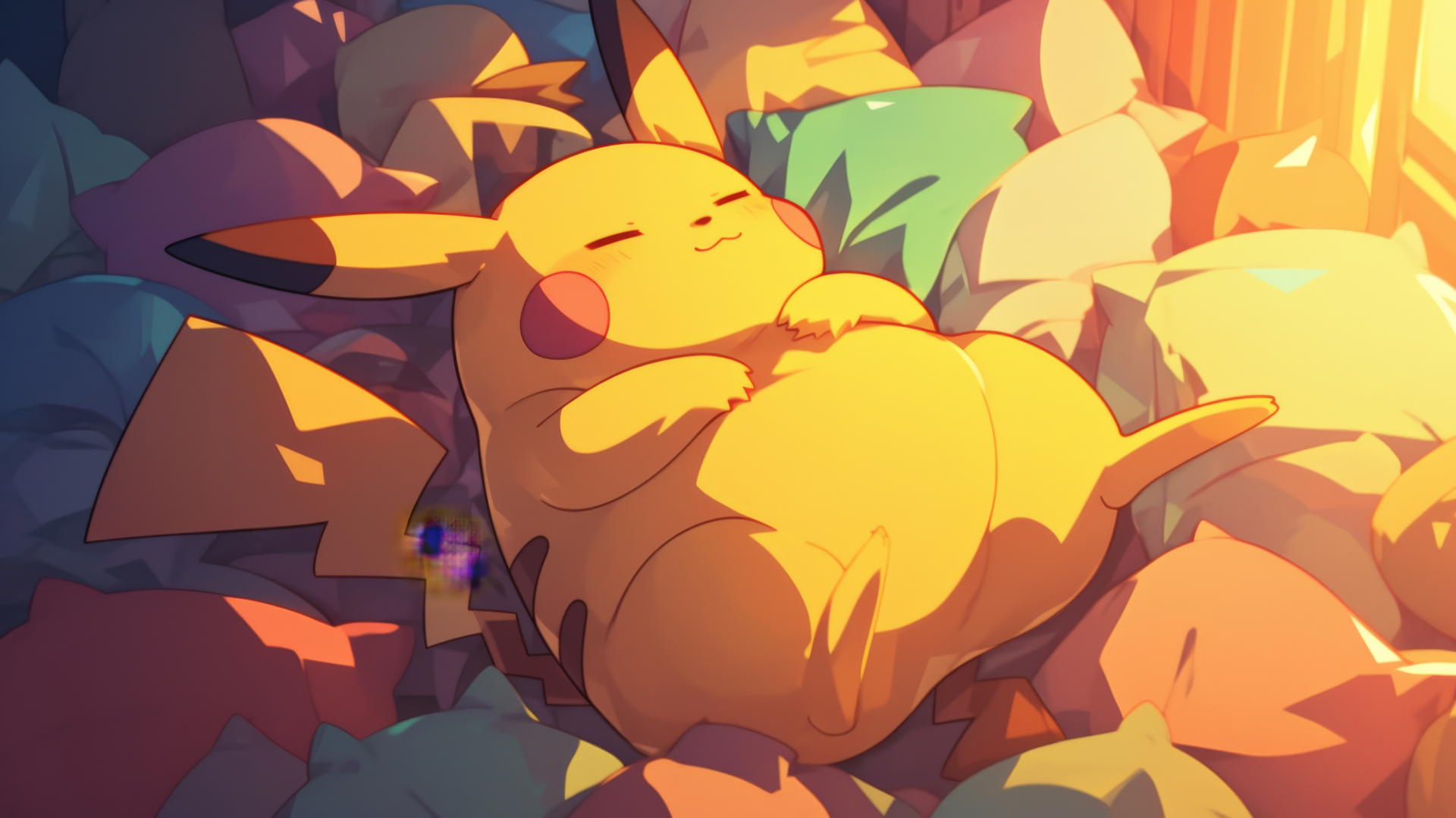 Fat Pikachu surrounded by pillows, sinking into soft cushions