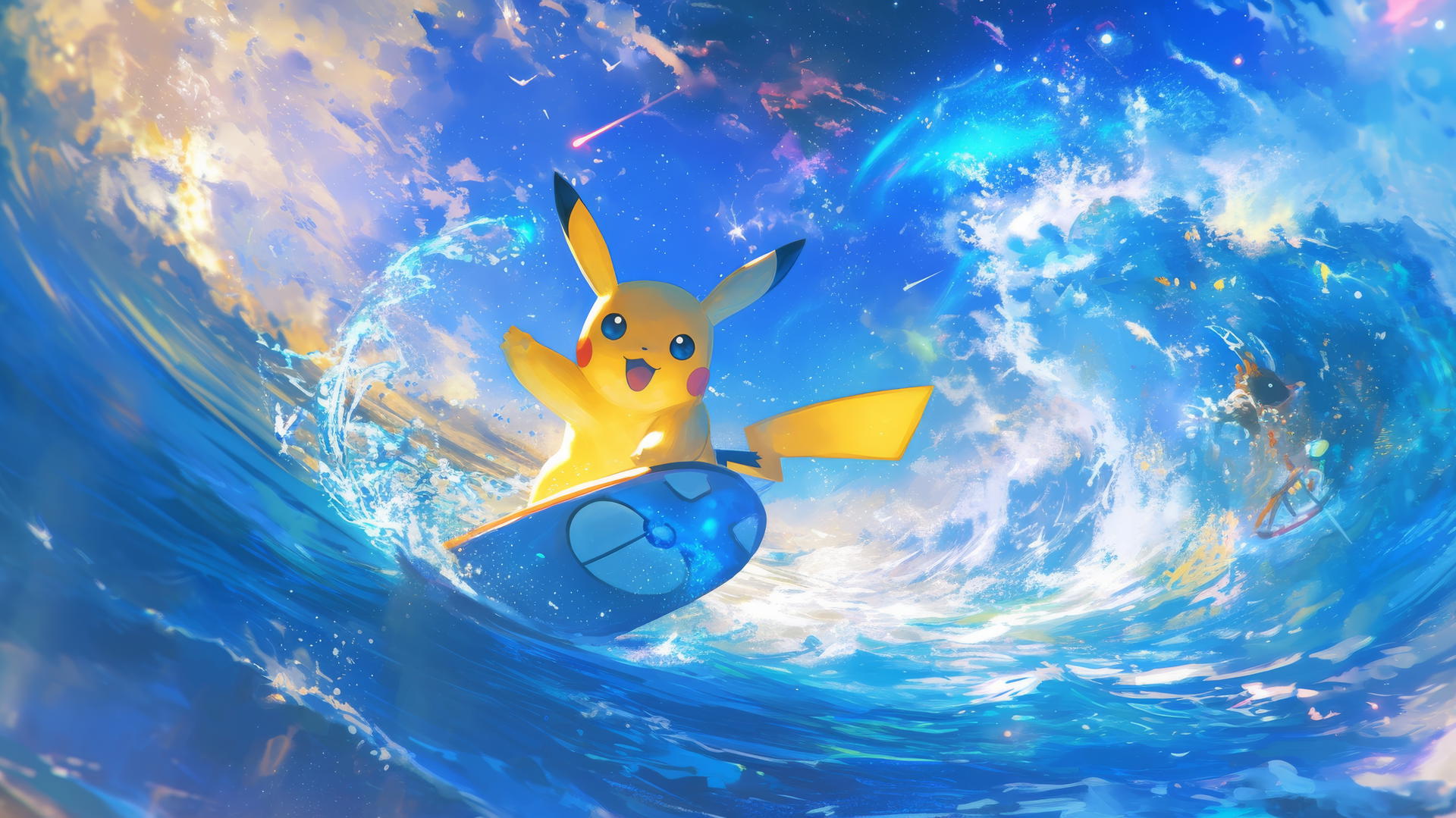 Pikachu surfing on a glowing surfboard in outer space