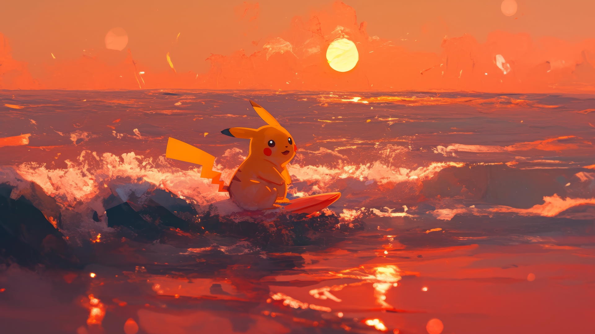 Surfing Pikachu on a beach at sunset with glowing skies