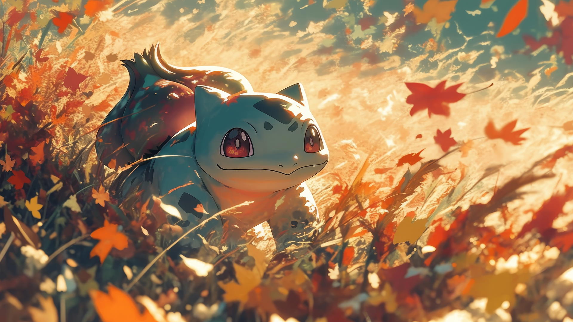 Pokemon Bulbasaur in a field of tall grass with autumn leaves