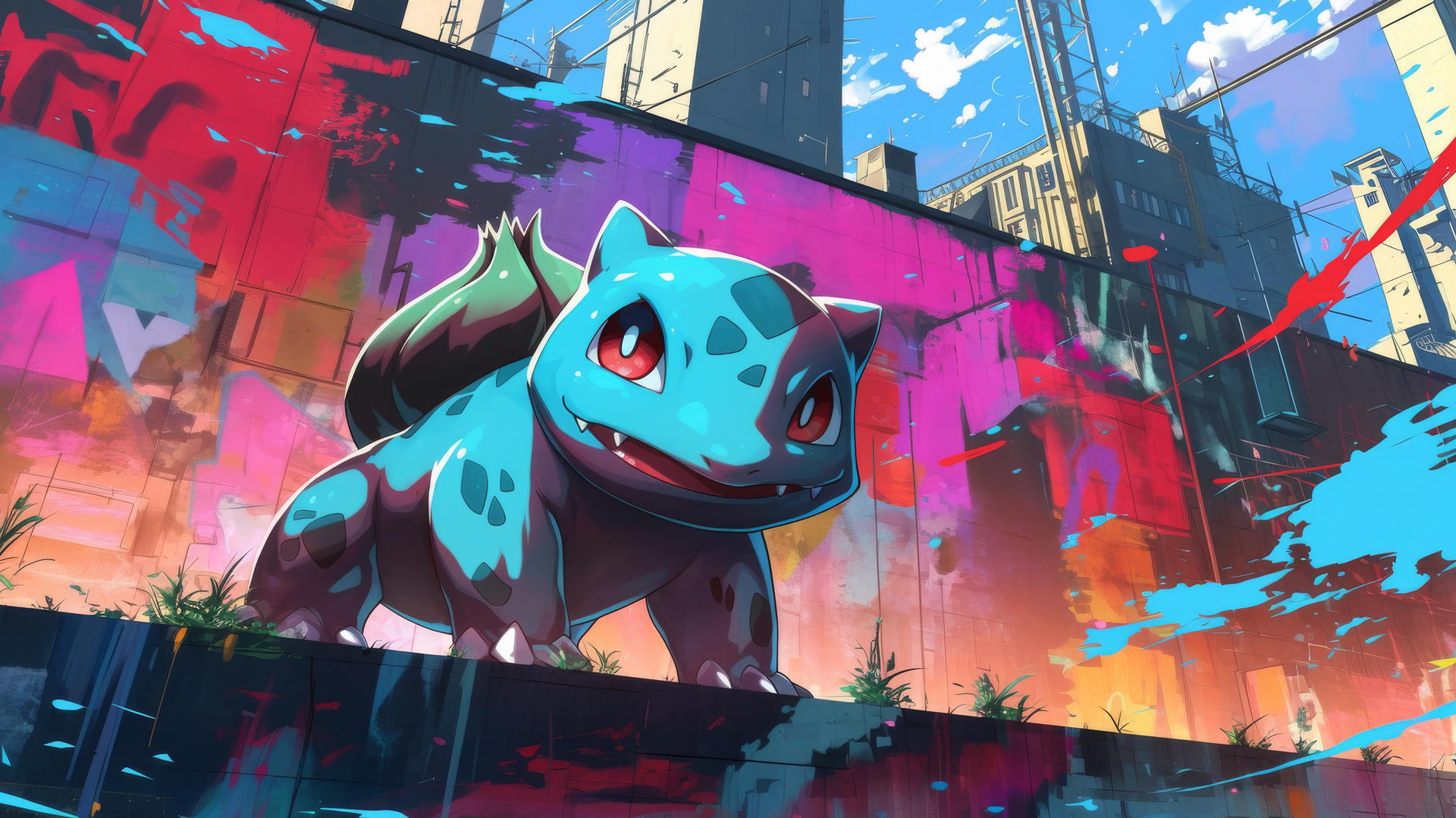 Pokemon Bulbasaur in front of colorful graffiti mural.