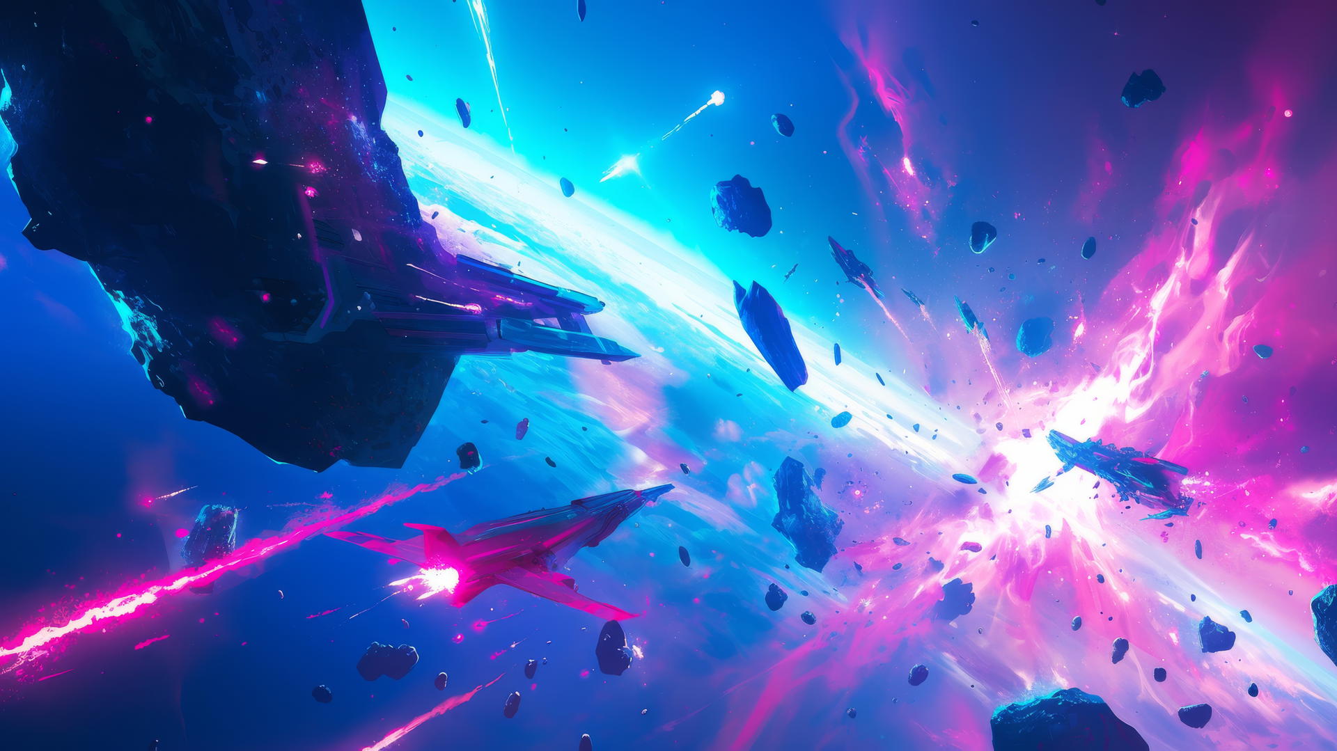 Cool wallpapers 4K: spaceship in colorful asteroid field with galaxies