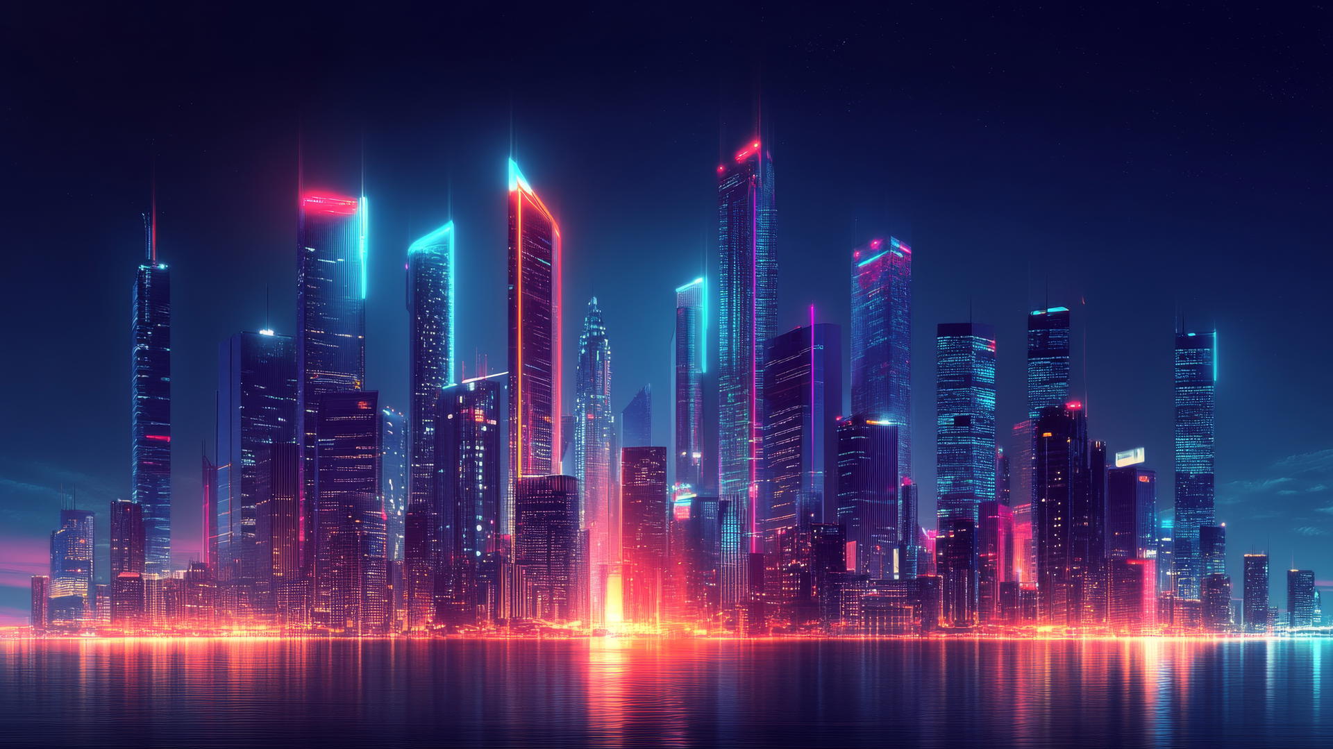 A futuristic city skyline at night with glowing neon lights, sleek buildings, vibrant colors, cool wallpapers 4k