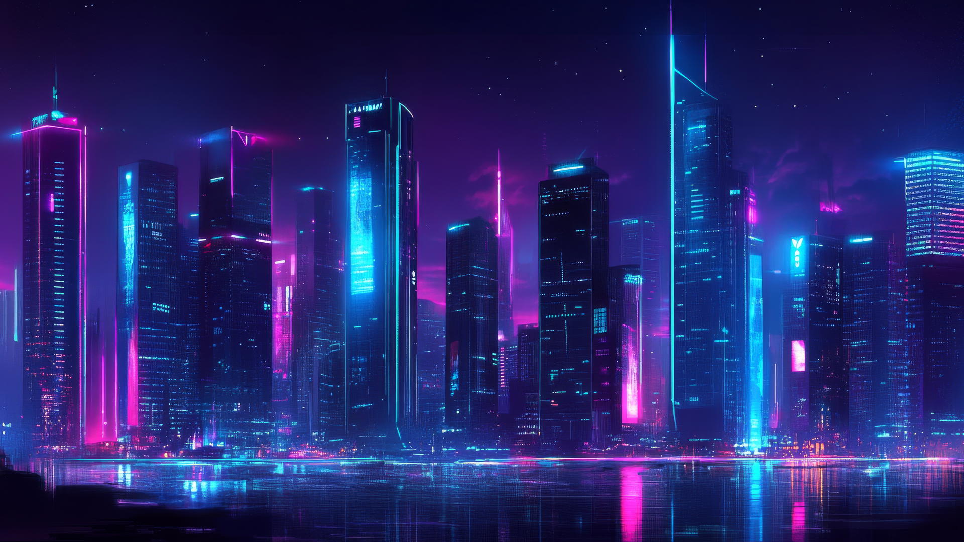 cool wallpapers 4k, futuristic city skyline at night with neon lights