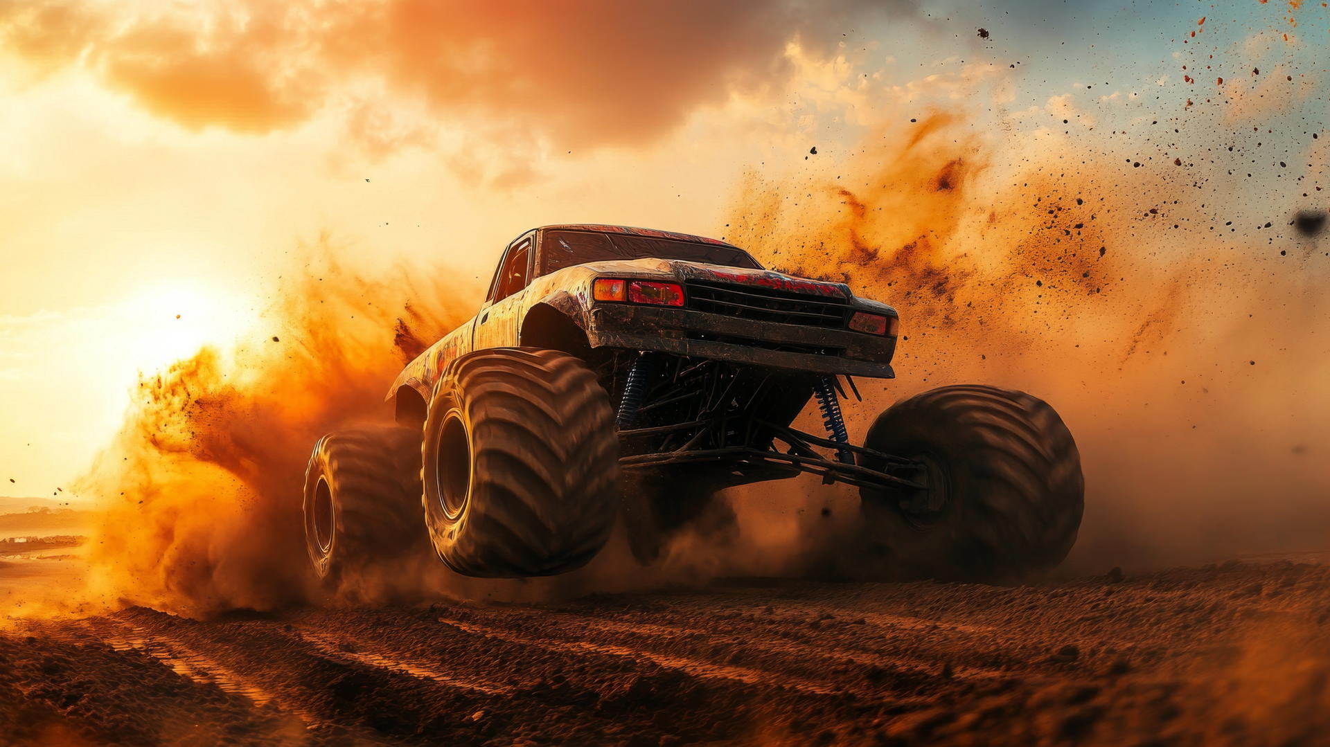 A roaring monster truck flies over a ramp at sunset with dramatic dust clouds, cool wallpapers for boys.