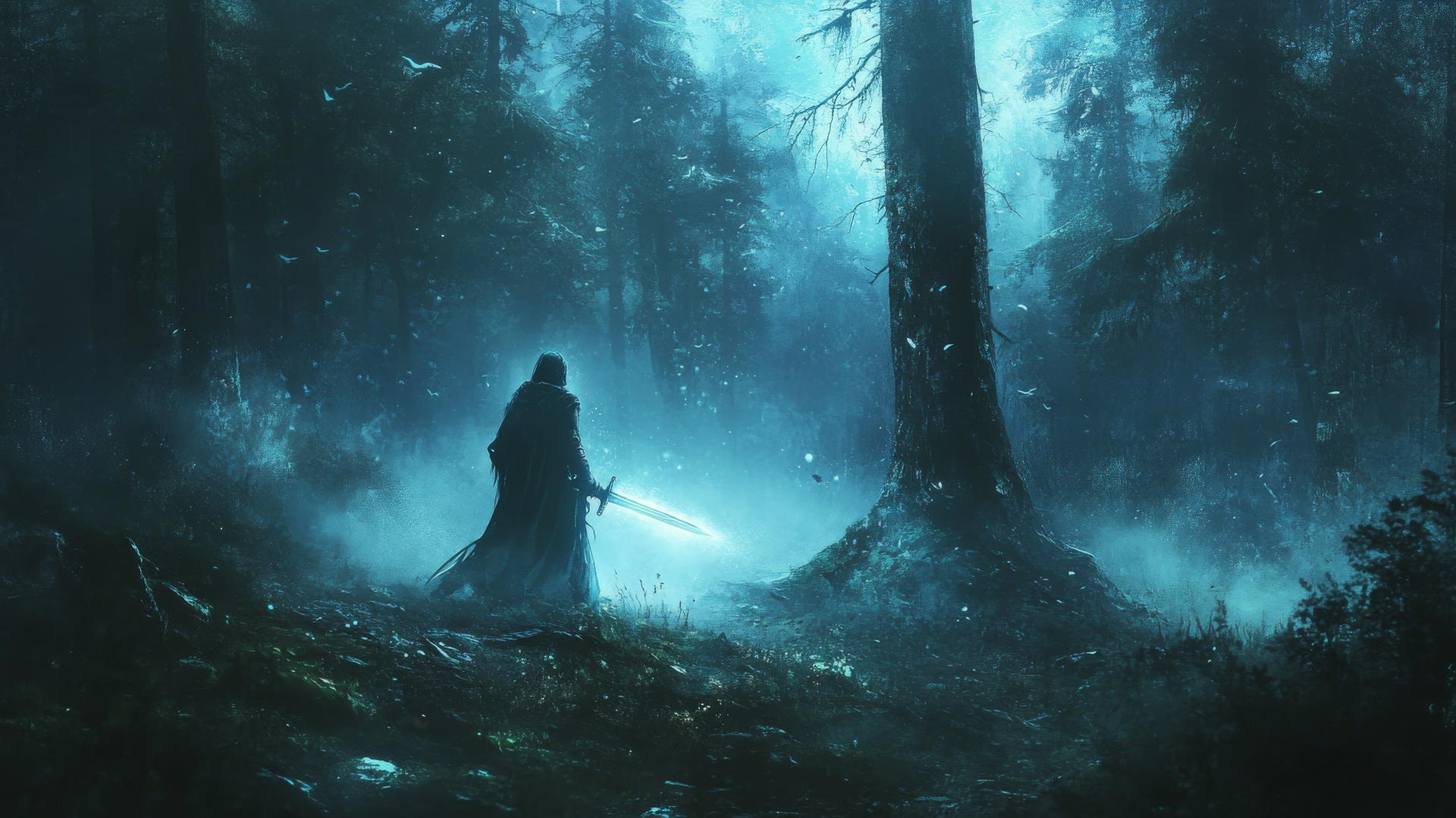 cool wallpapers for boys featuring a mysterious warrior with a glowing sword in a dark, misty forest