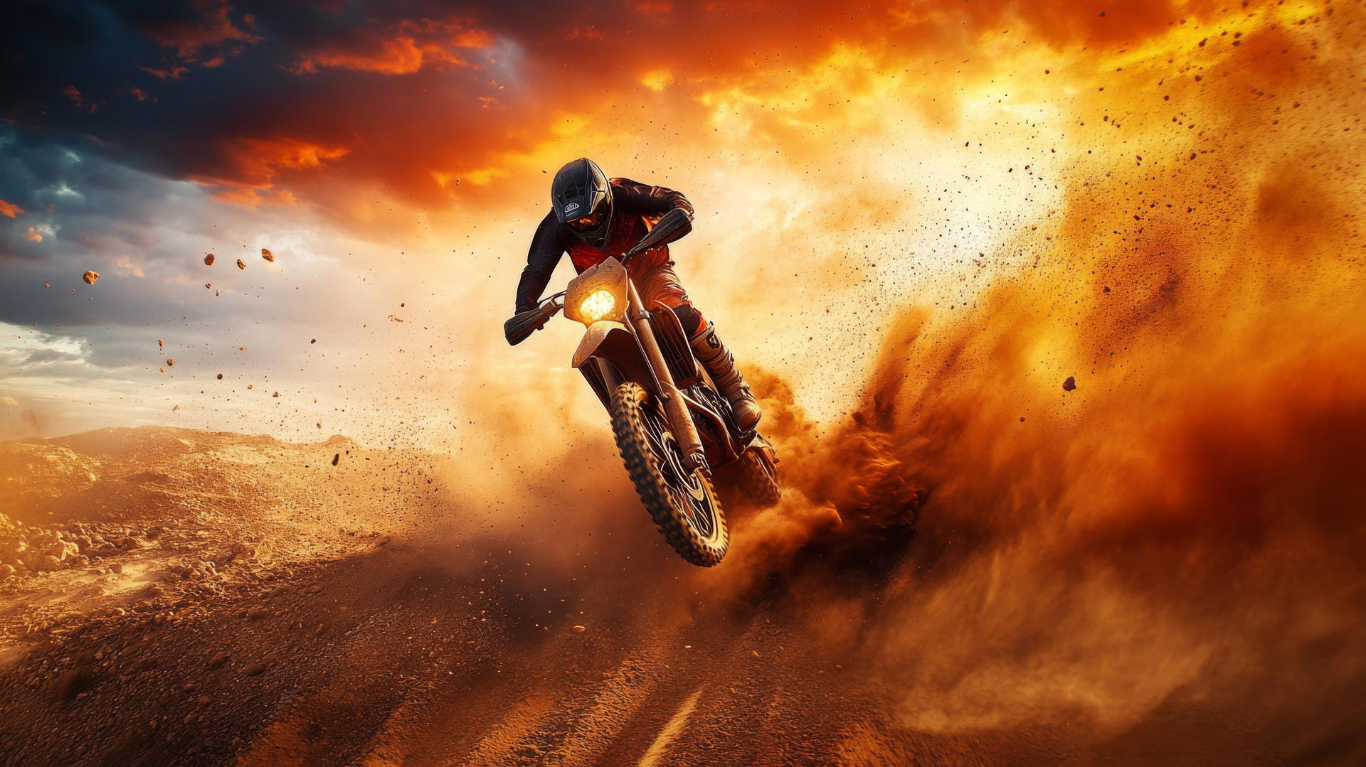 A motocross biker launching off a dirt ramp in the desert at sunset with cool wallpapers for boys.