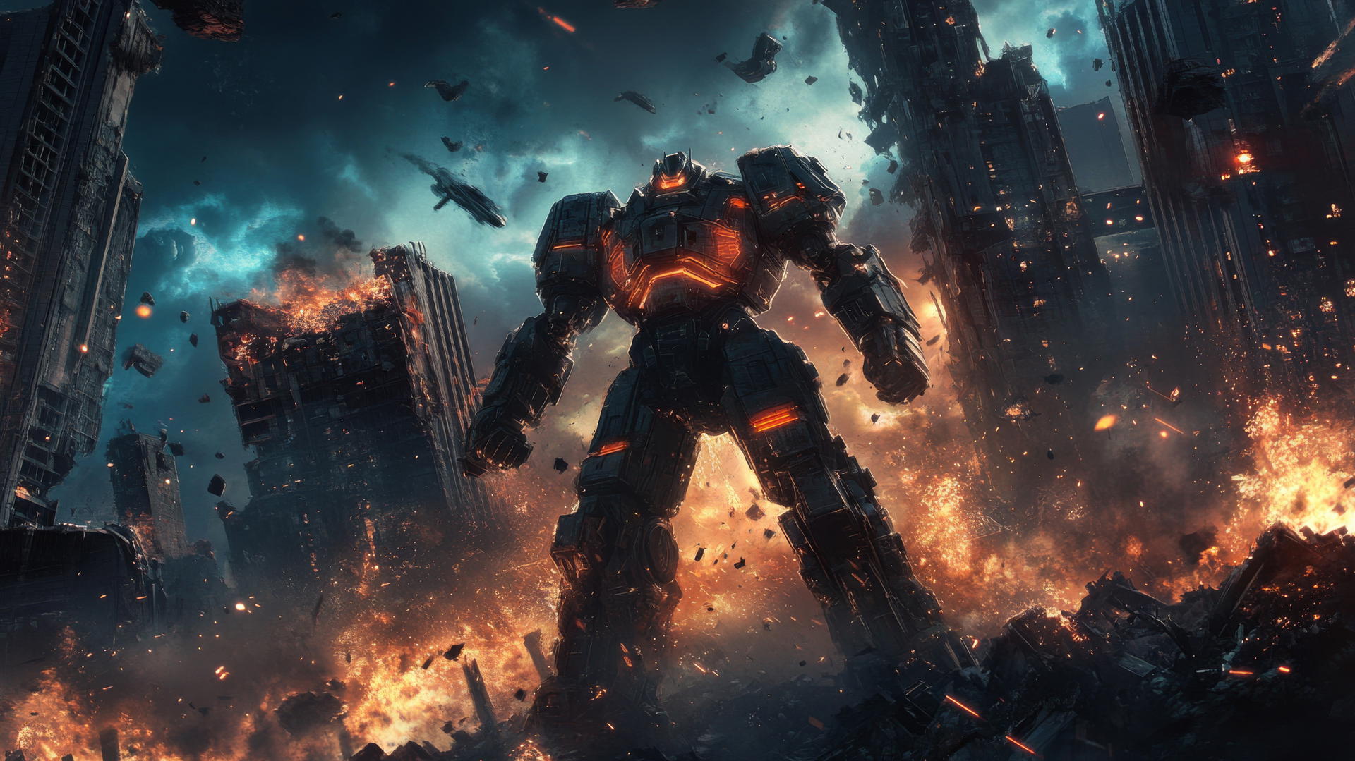 cool wallpapers for boys featuring a glowing futuristic mech warrior in a battle-worn city