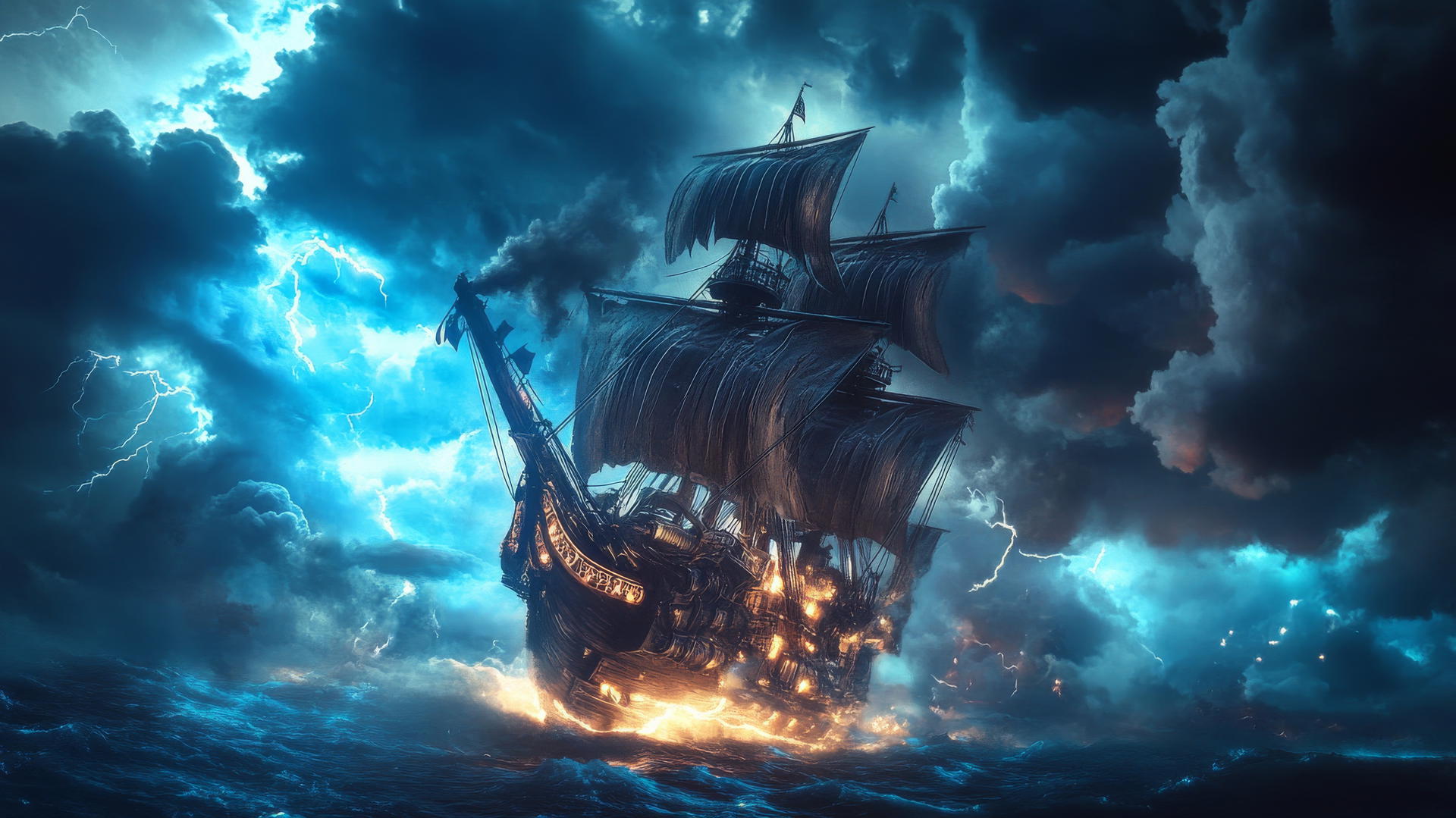 Cool wallpaper for boys featuring a futuristic pirate ship sailing through a stormy sky with glowing sails and lightning.
