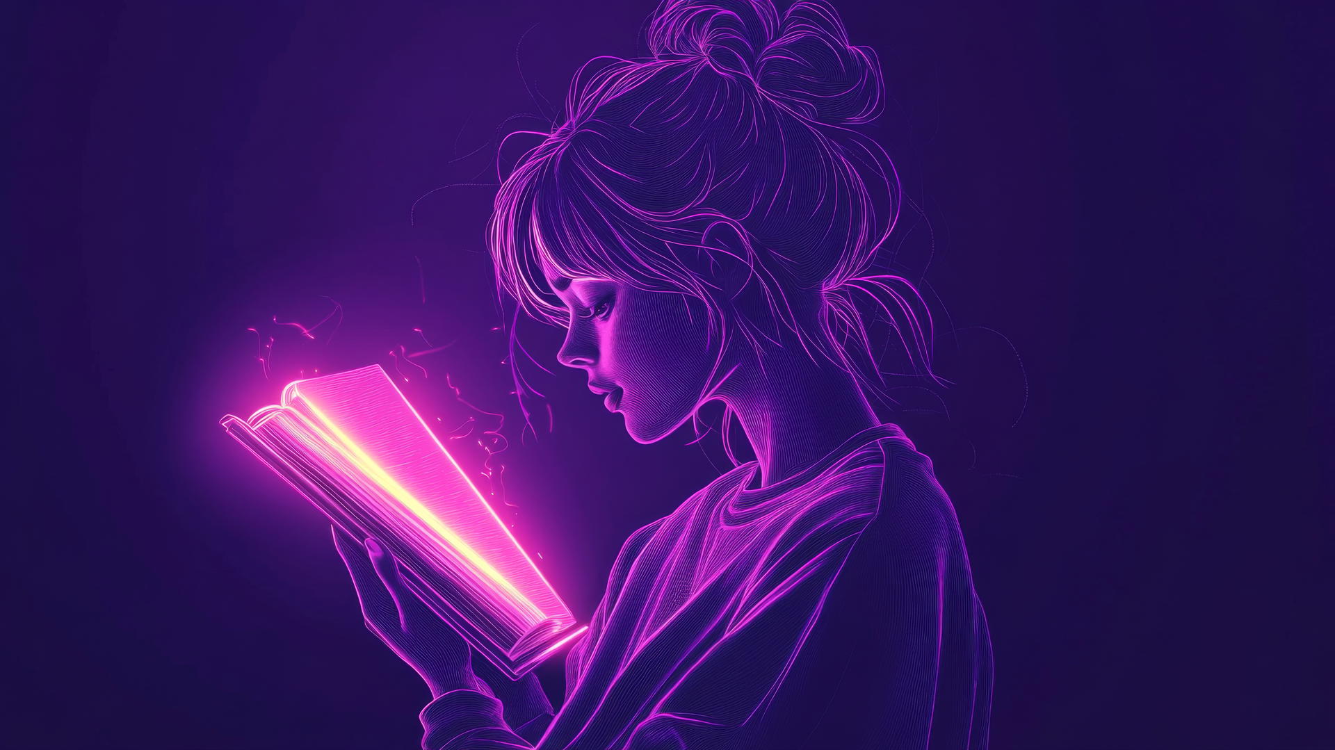 Neon outline of a girl reading a glowing book against a dark purple background.