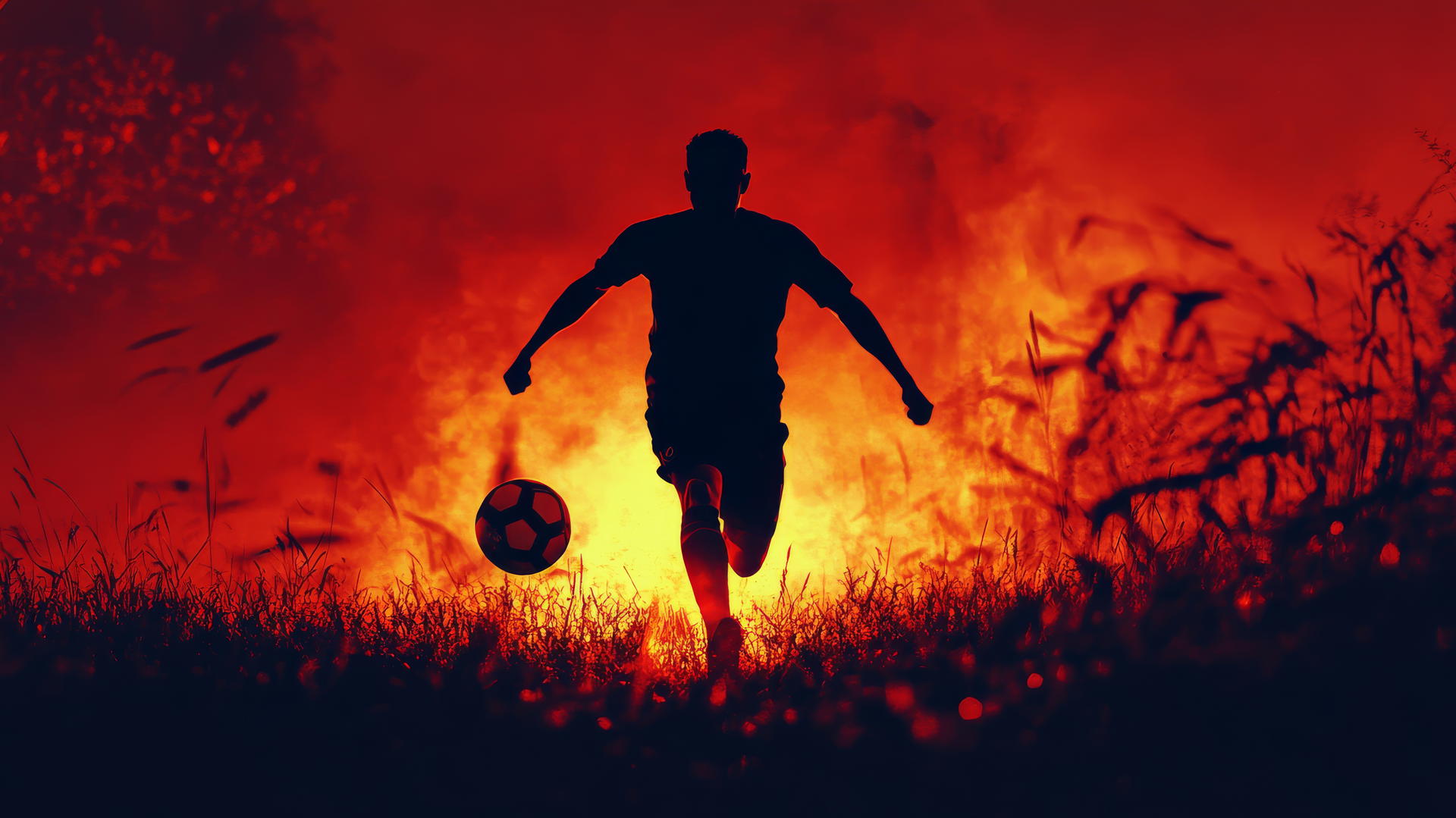 Silhouette of a football player celebrating with a glowing ball and soft neon light