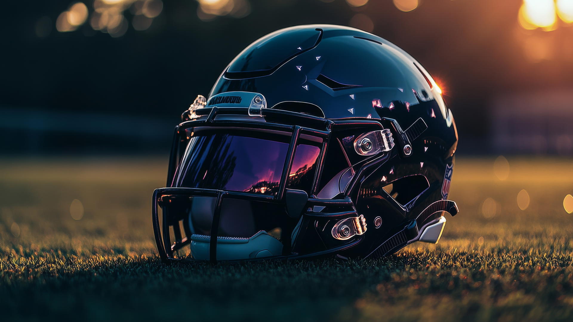 Glowing NFL helmet on turf with shadows and reflections