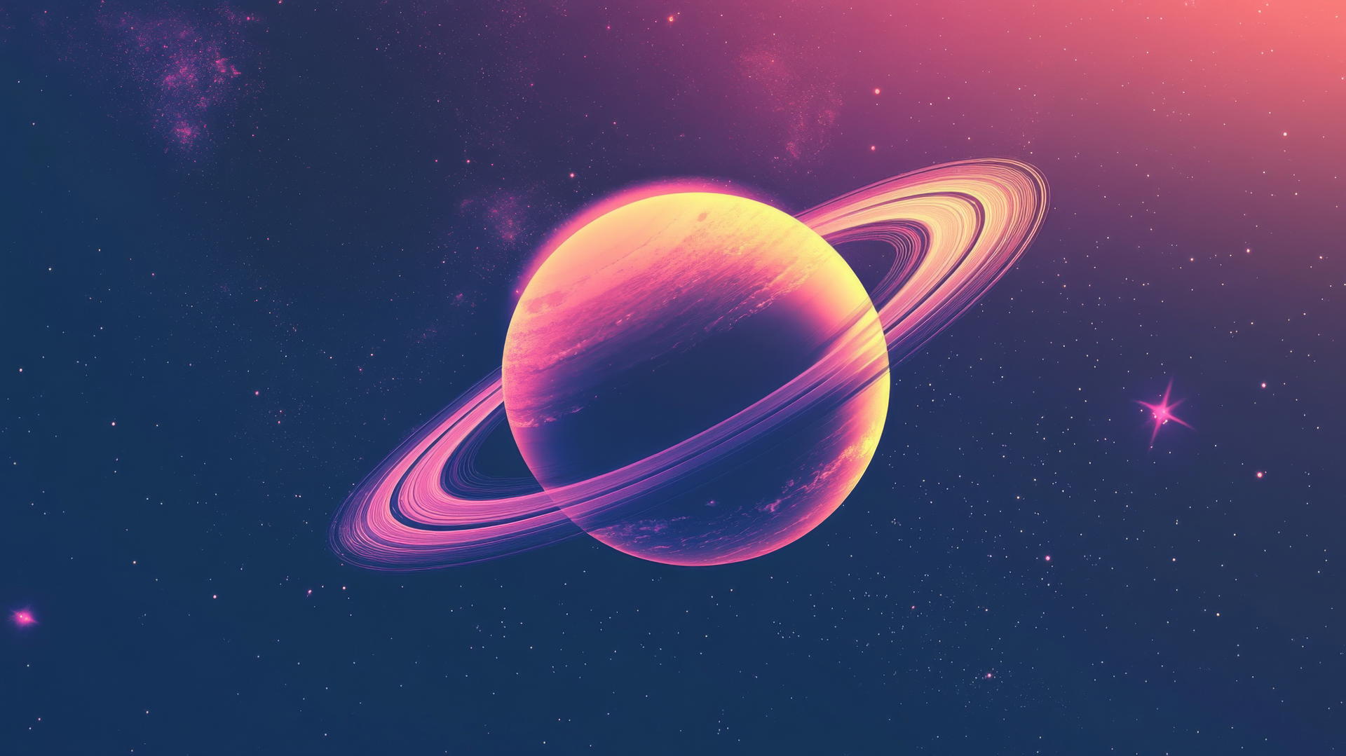 Glowing planet with rings against a dark starry background with scattered stars