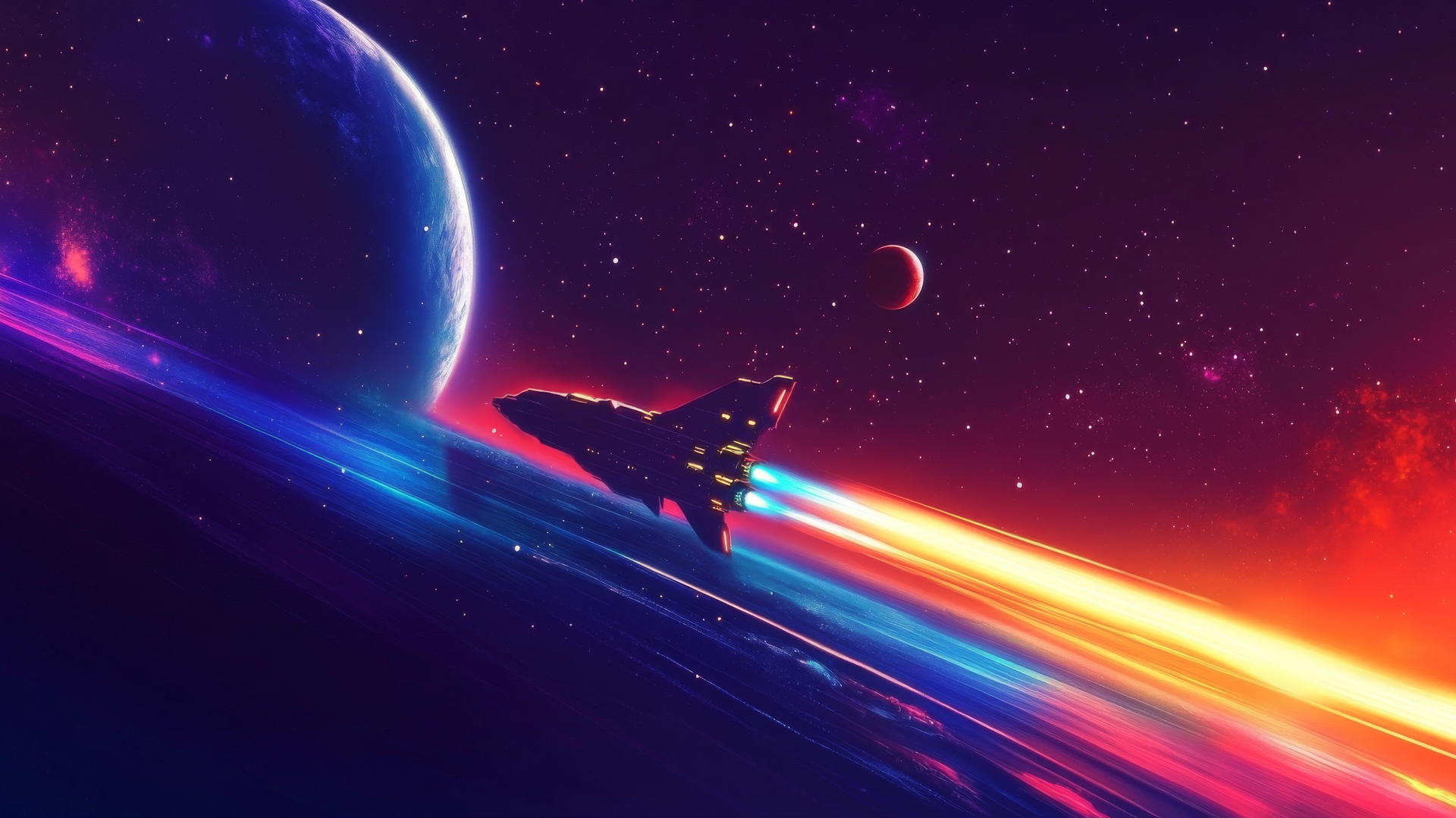 glowing spaceship flying towards a planet with neon light trails in deep space