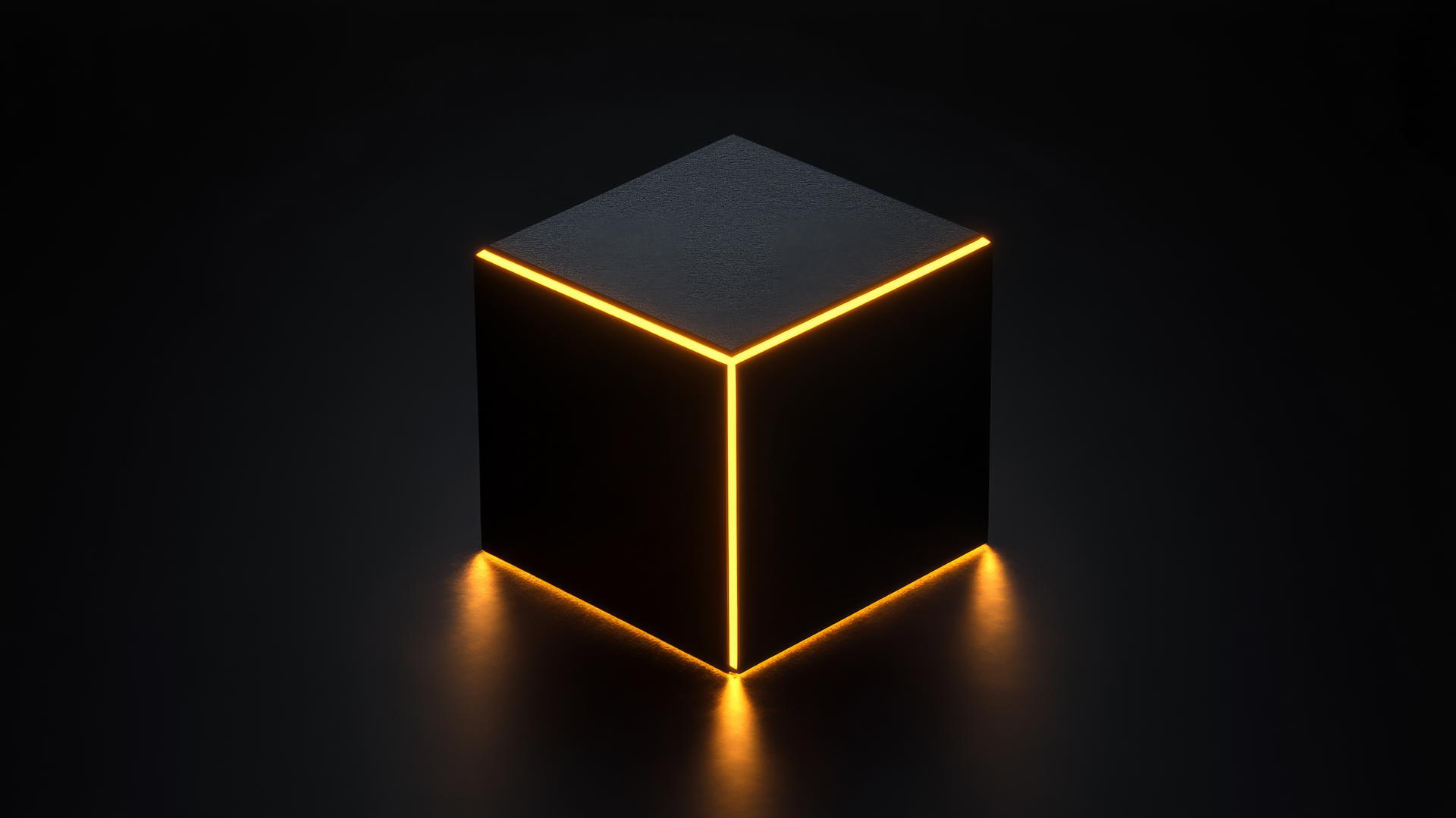 Glowing black cube with a neon edge in a pitch-black void