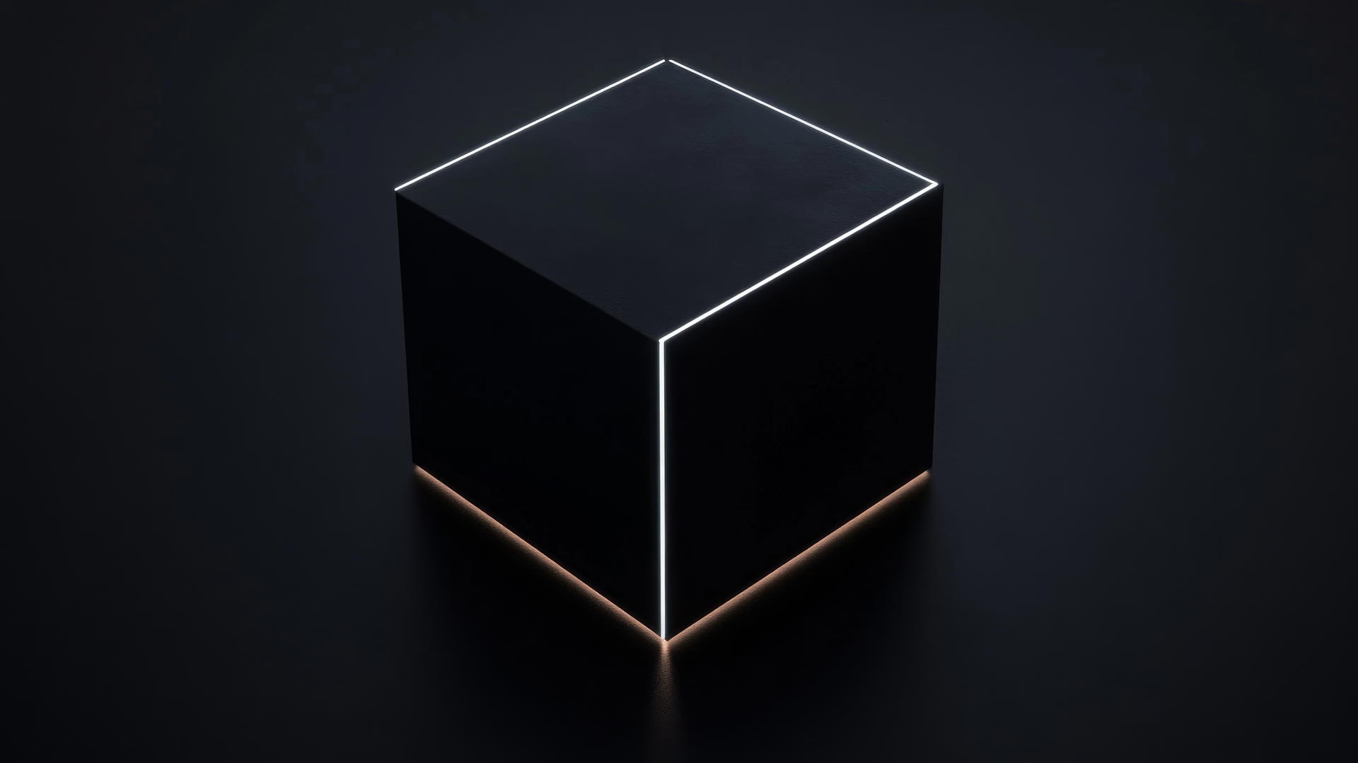 Glowing black cube with neon edge in pitch-black void