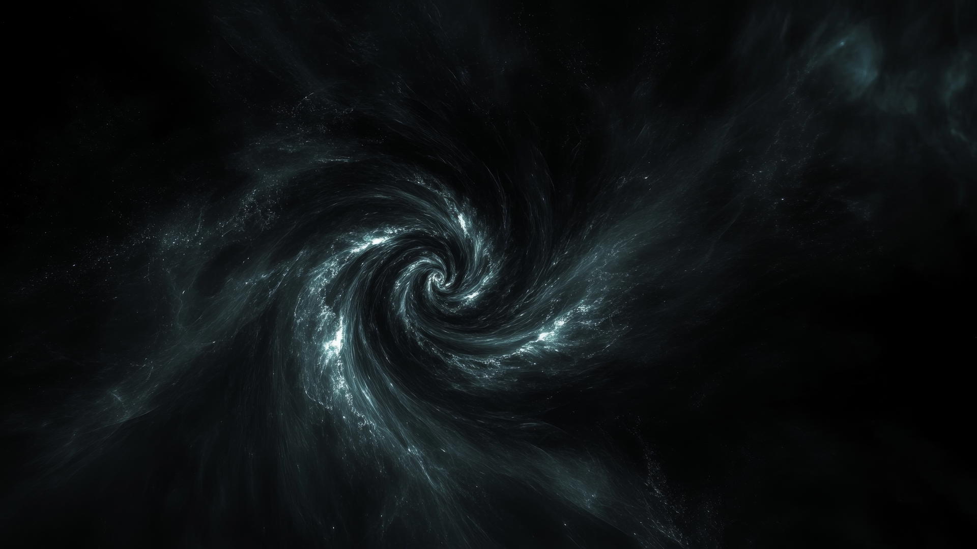 Black spiral galaxy with faint neon edges on a black background.